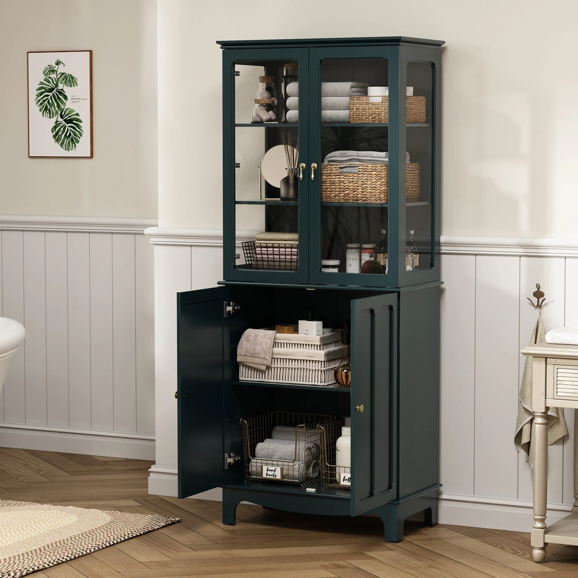 HLR 72" Green Classical Freestanding Pantry Sideboard with Glass Doors & Adjustable Shelves, Tall Storage Cabinet for Kitchen, Living & Dining Rooms