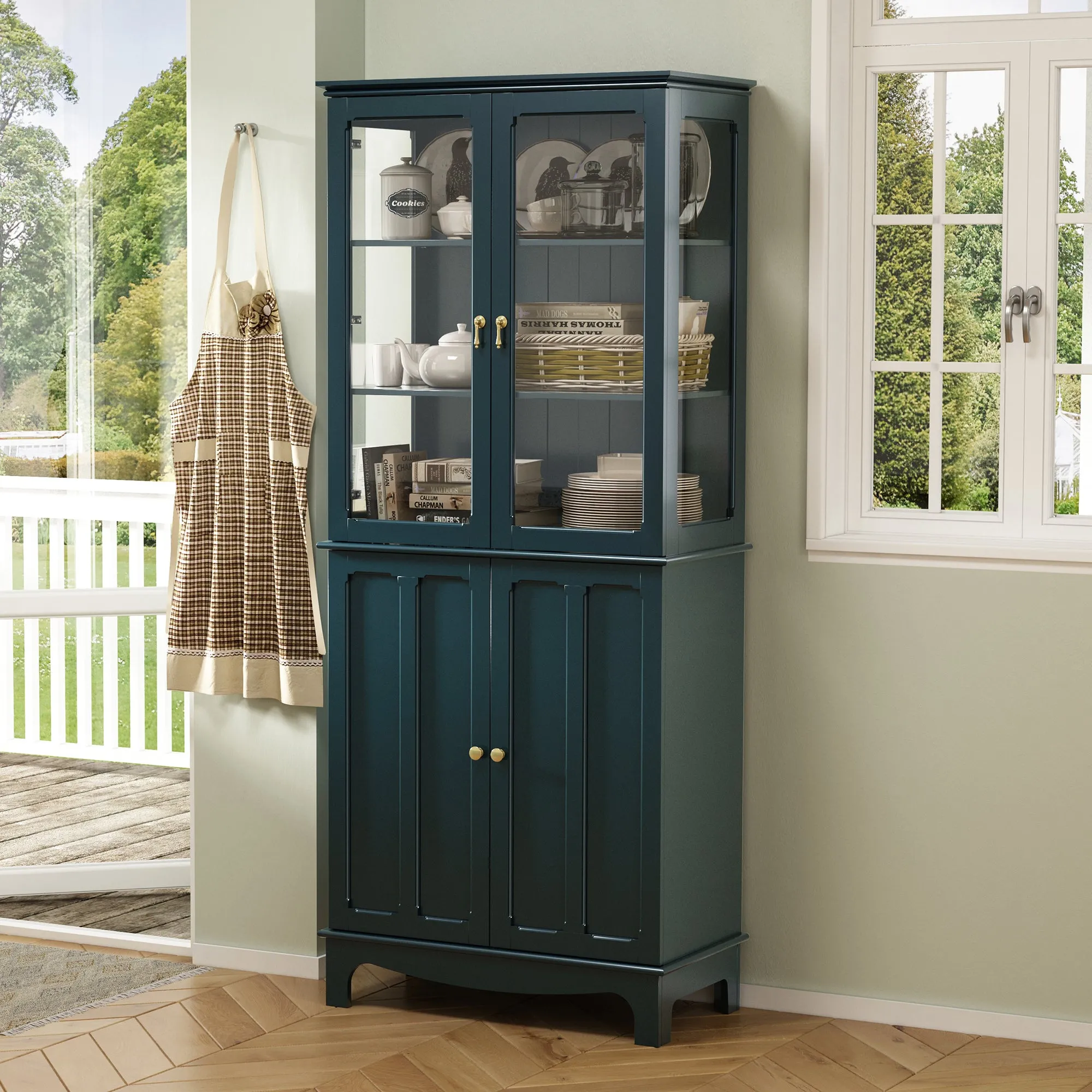 HLR 72" Green Classical Freestanding Pantry Sideboard with Glass Doors & Adjustable Shelves, Tall Storage Cabinet for Kitchen, Living & Dining Rooms