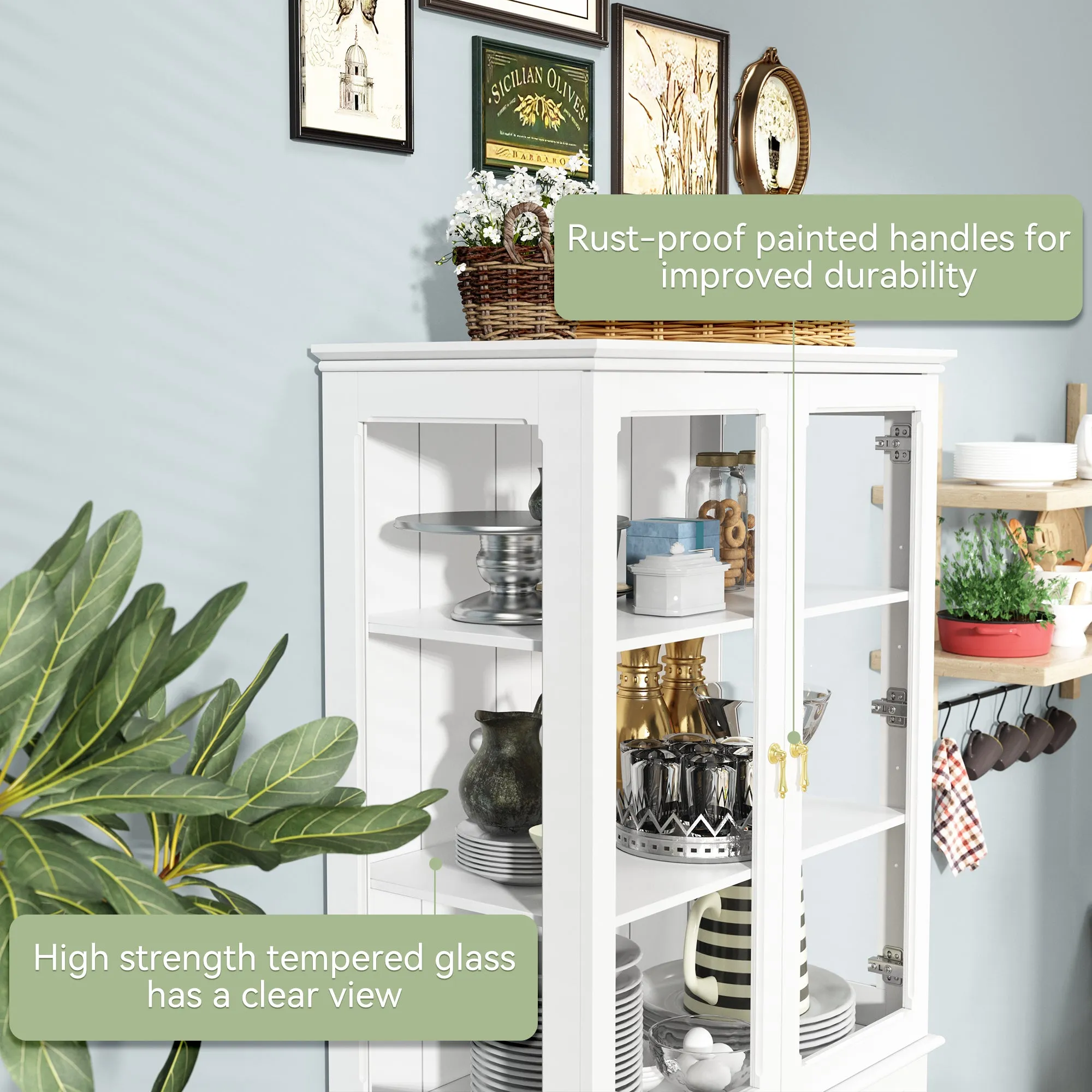 HLR 72" White Classical Freestanding Pantry Sideboard with Glass Doors & Adjustable Shelves, Tall Storage Cabinet for Kitchen, Living & Dining Rooms