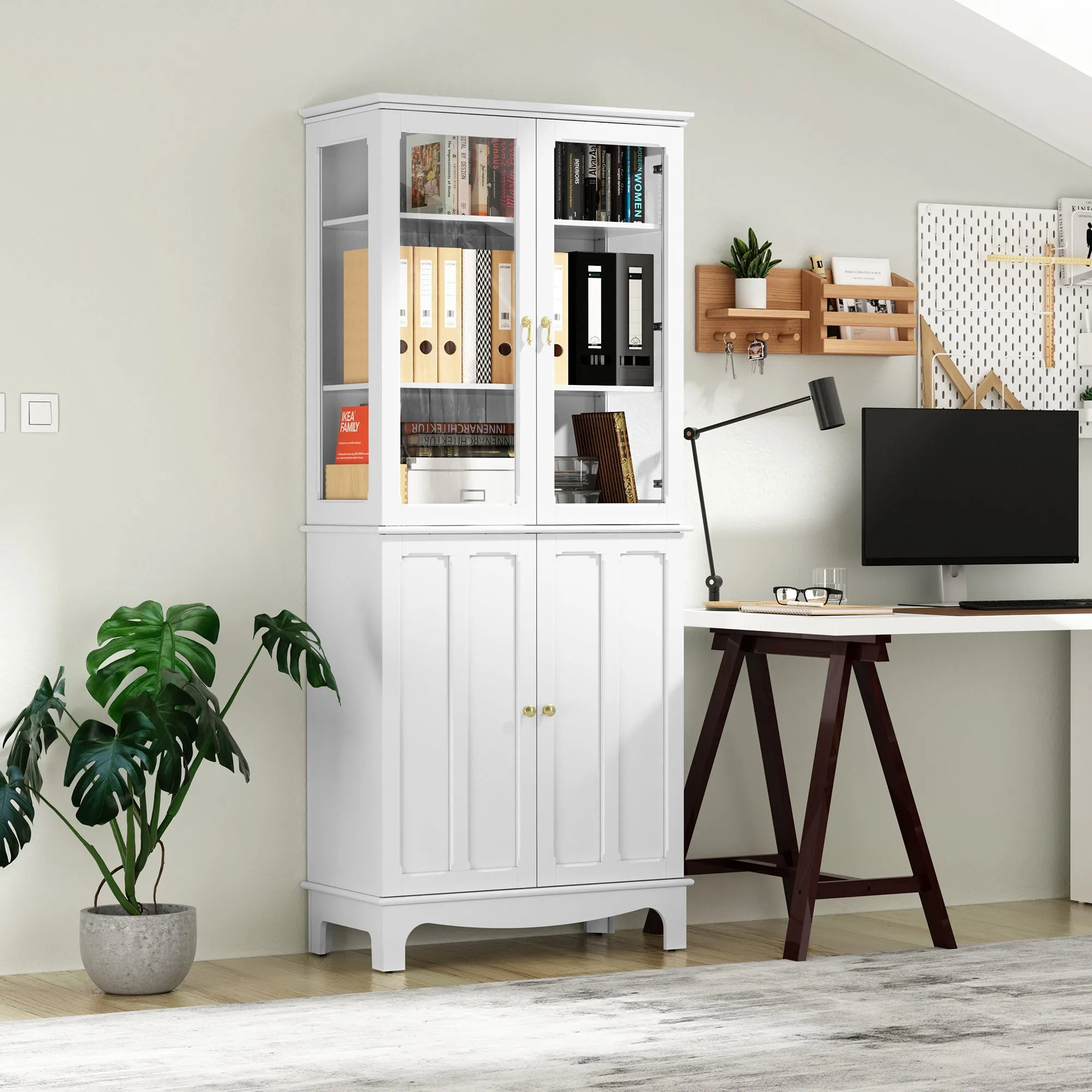 HLR 72" White Classical Freestanding Pantry Sideboard with Glass Doors & Adjustable Shelves, Tall Storage Cabinet for Kitchen, Living & Dining Rooms
