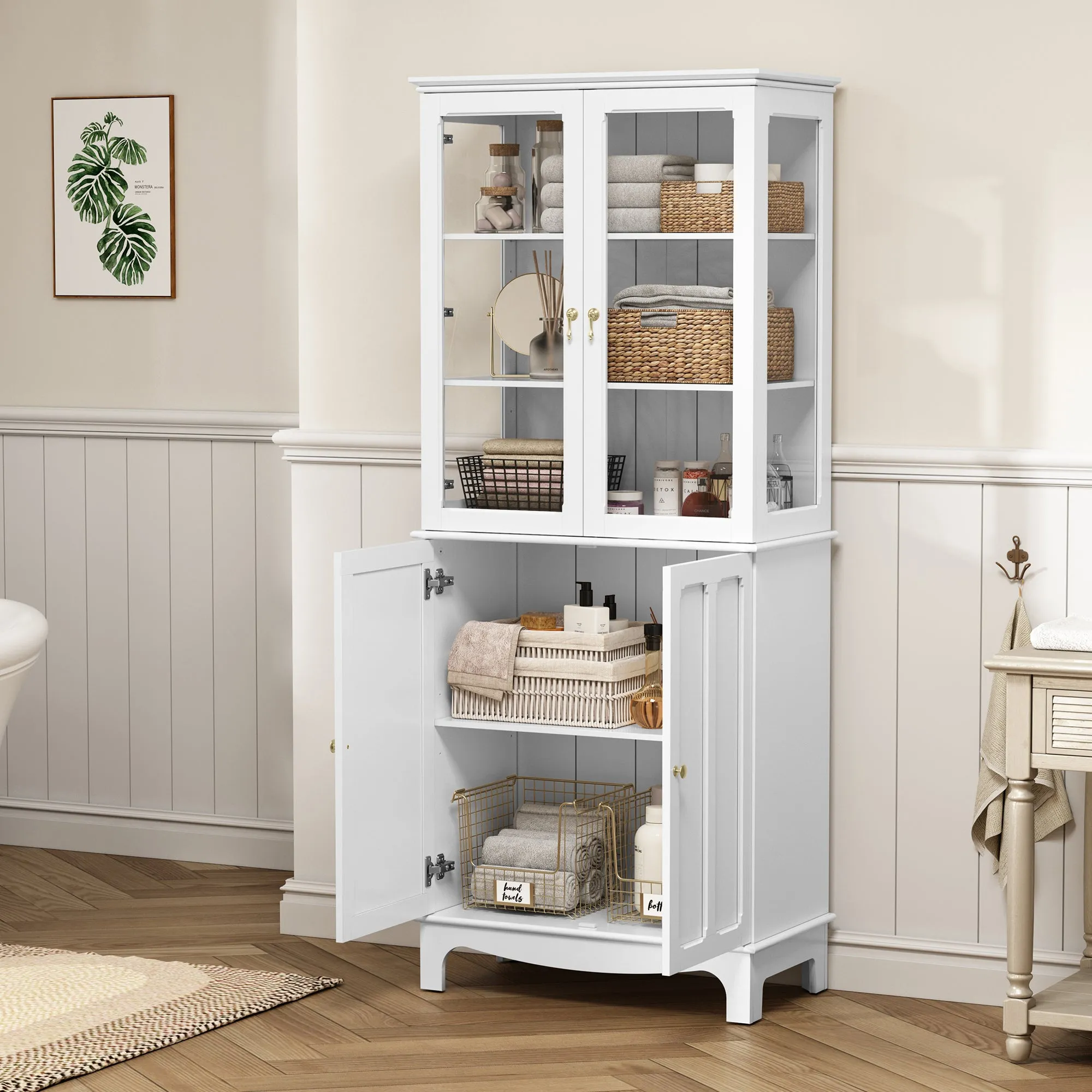 HLR 72" White Classical Freestanding Pantry Sideboard with Glass Doors & Adjustable Shelves, Tall Storage Cabinet for Kitchen, Living & Dining Rooms