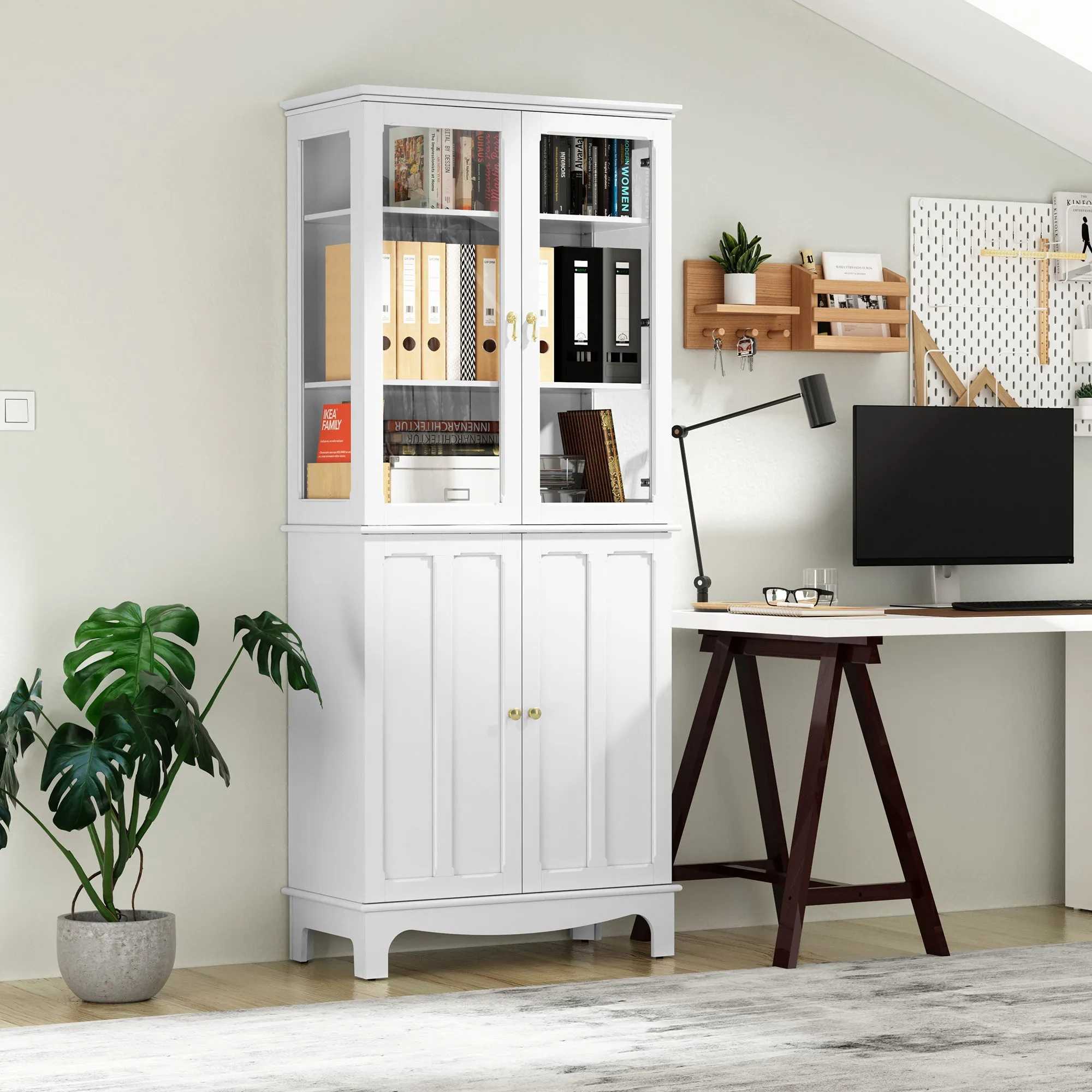 HLR 72" White Classical Freestanding Pantry Sideboard with Glass Doors & Adjustable Shelves, Tall Storage Cabinet for Kitchen, Living & Dining Rooms