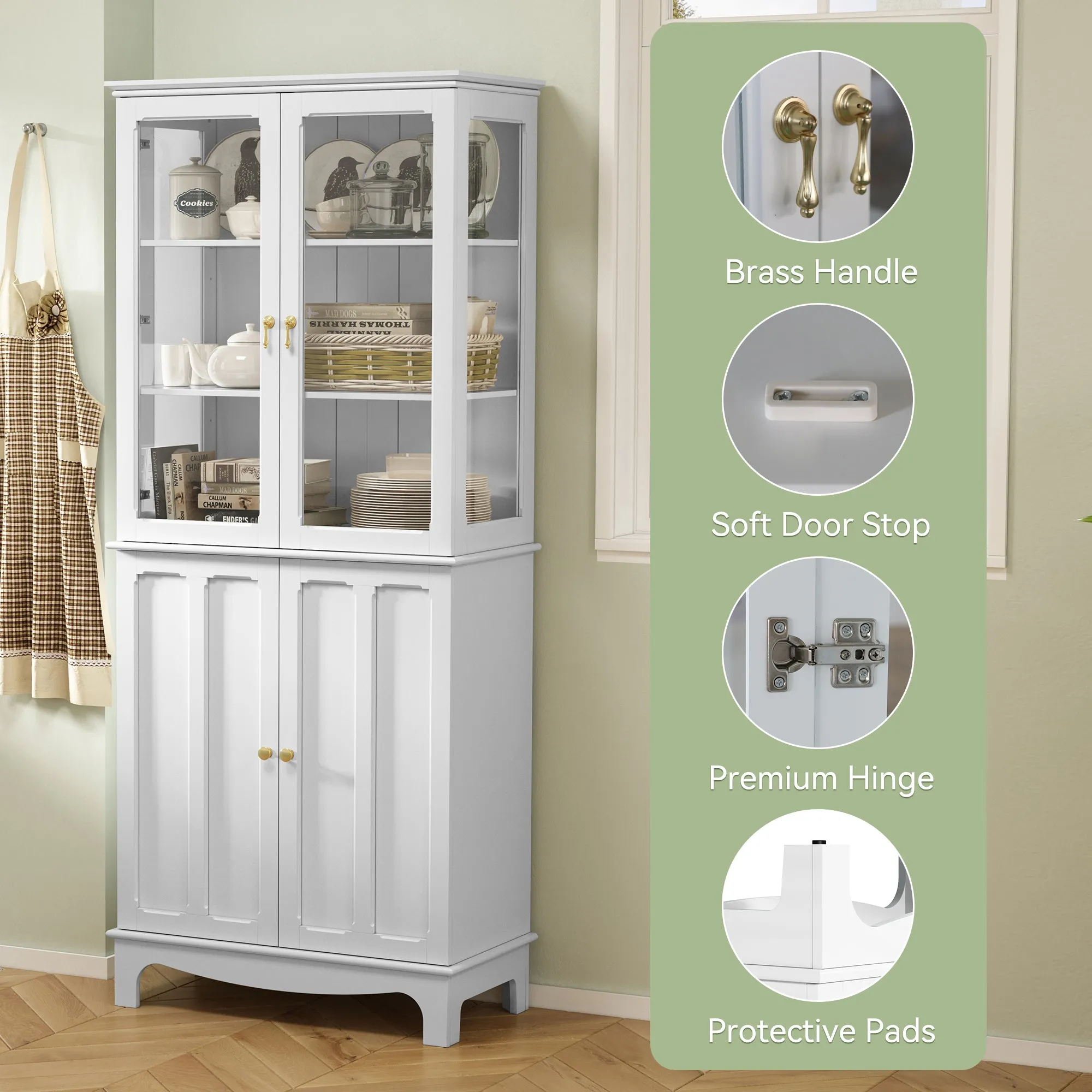 HLR 72" White Classical Freestanding Pantry Sideboard with Glass Doors & Adjustable Shelves, Tall Storage Cabinet for Kitchen, Living & Dining Rooms