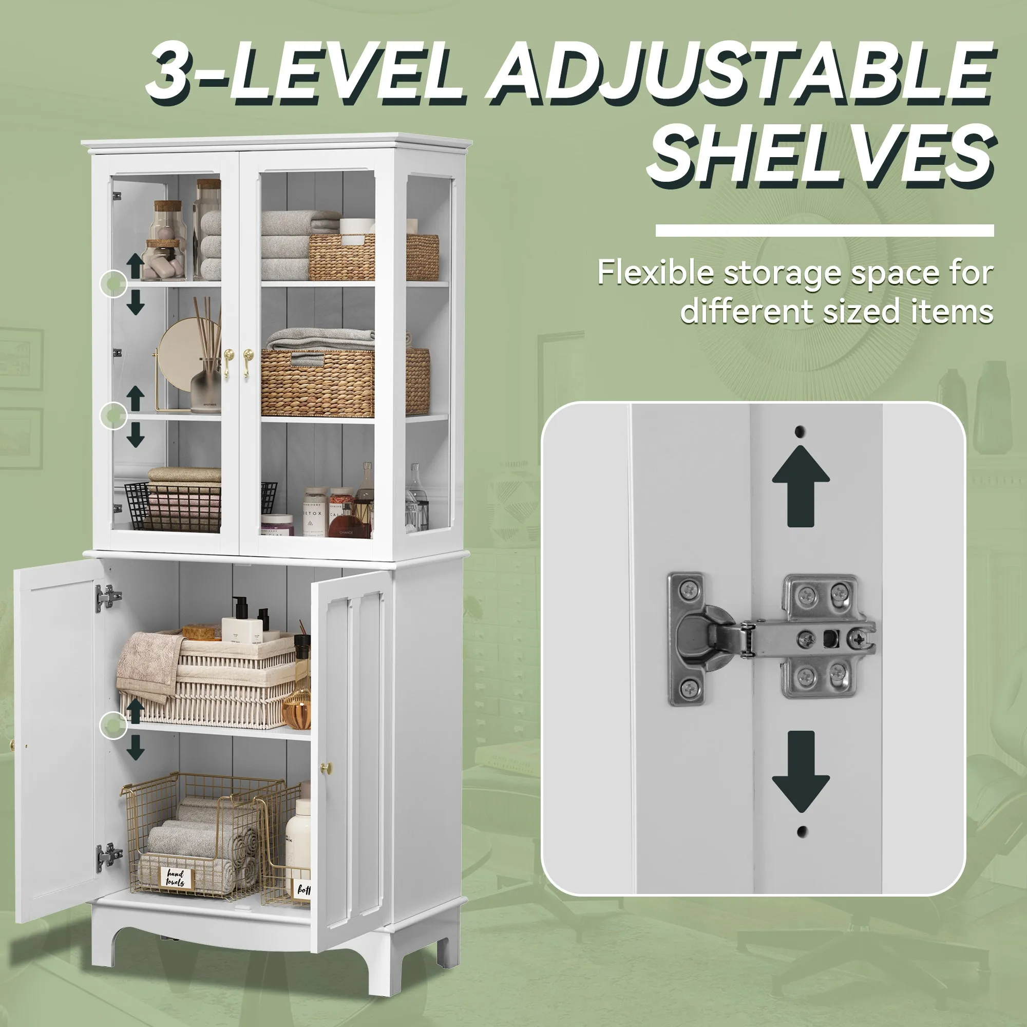 HLR 72" White Classical Freestanding Pantry Sideboard with Glass Doors & Adjustable Shelves, Tall Storage Cabinet for Kitchen, Living & Dining Rooms