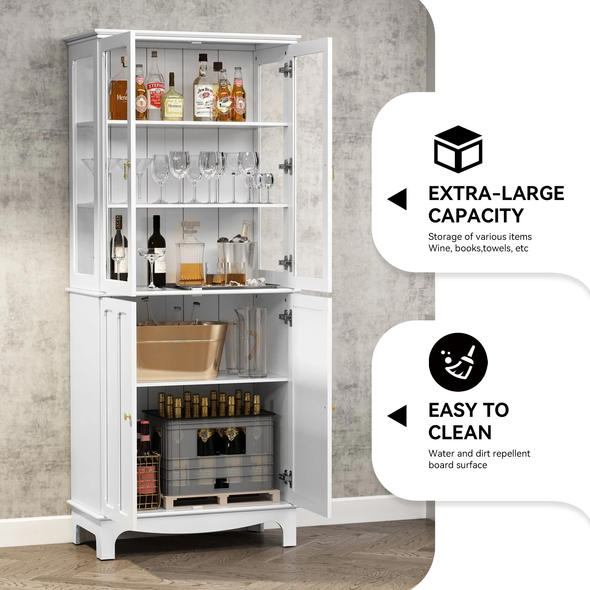 HLR 72" White Classical Freestanding Pantry Sideboard with Glass Doors & Adjustable Shelves, Tall Storage Cabinet for Kitchen, Living & Dining Rooms