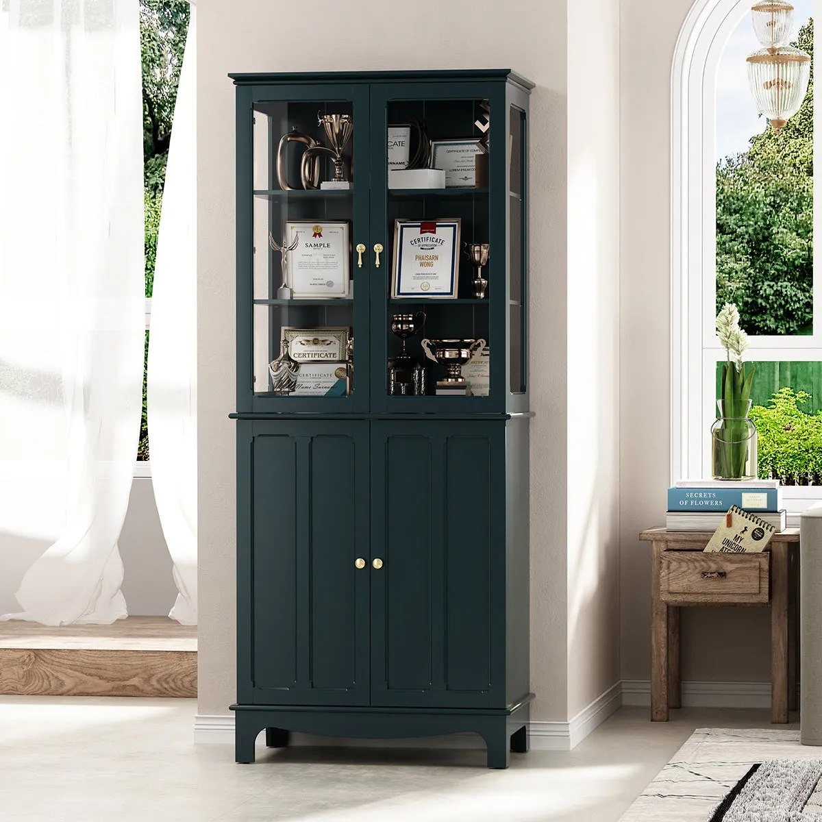 HLR 72" White Classical Freestanding Pantry Sideboard with Glass Doors & Adjustable Shelves, Tall Storage Cabinet for Kitchen, Living & Dining Rooms