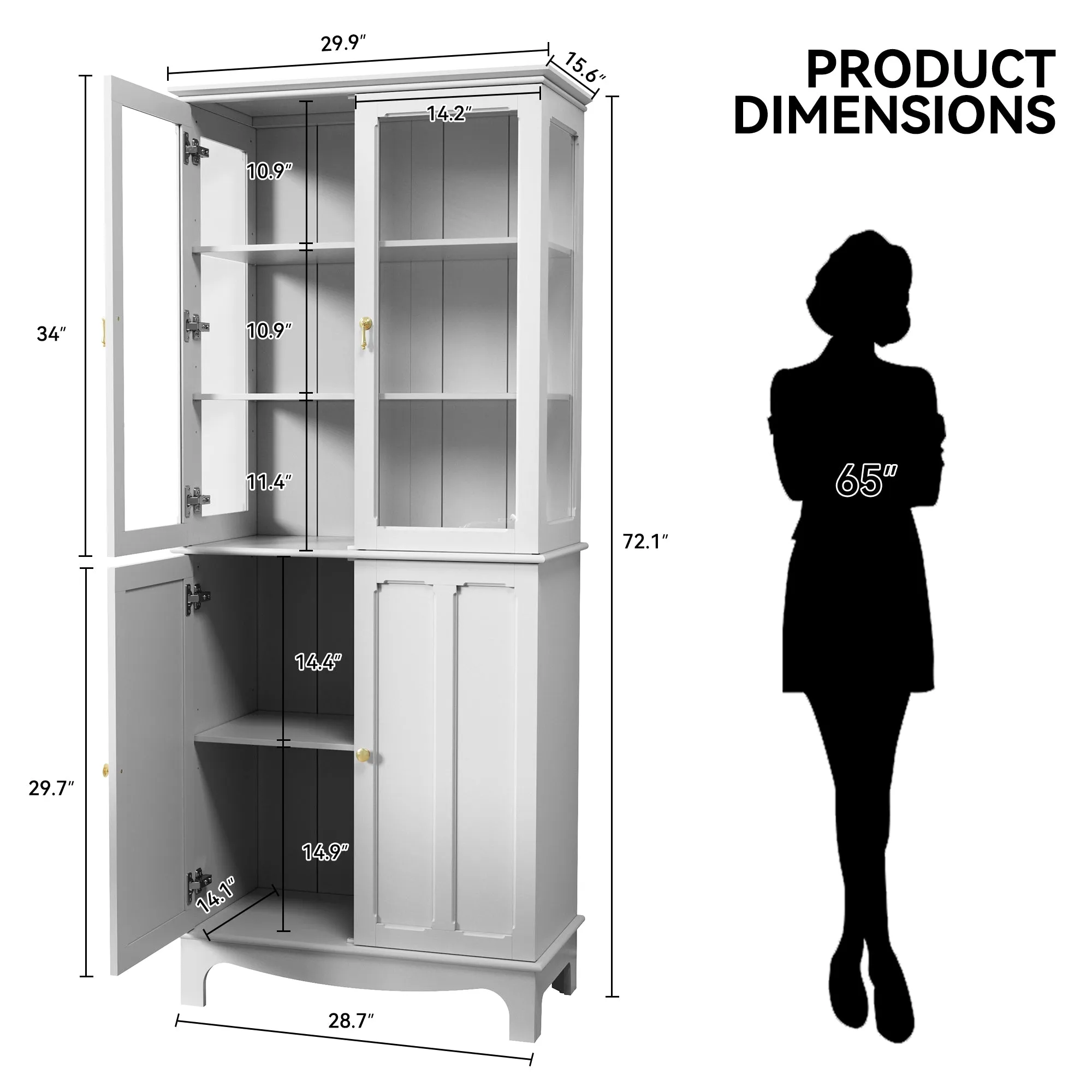HLR 72" White Classical Freestanding Pantry Sideboard with Glass Doors & Adjustable Shelves, Tall Storage Cabinet for Kitchen, Living & Dining Rooms