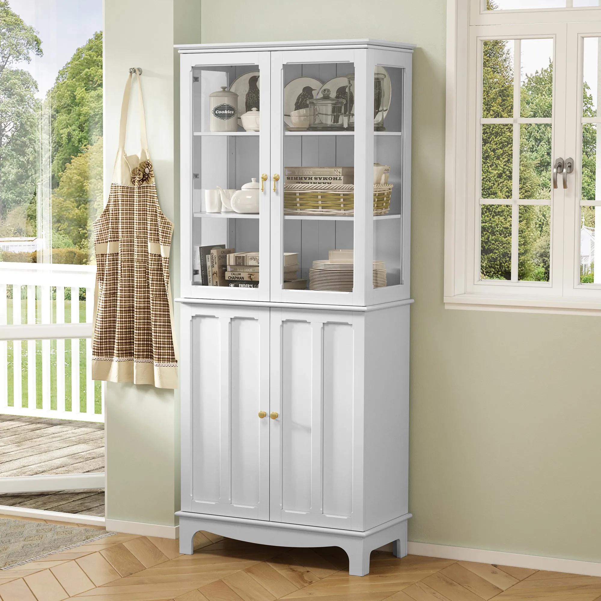 HLR 72" White Classical Freestanding Pantry Sideboard with Glass Doors & Adjustable Shelves, Tall Storage Cabinet for Kitchen, Living & Dining Rooms