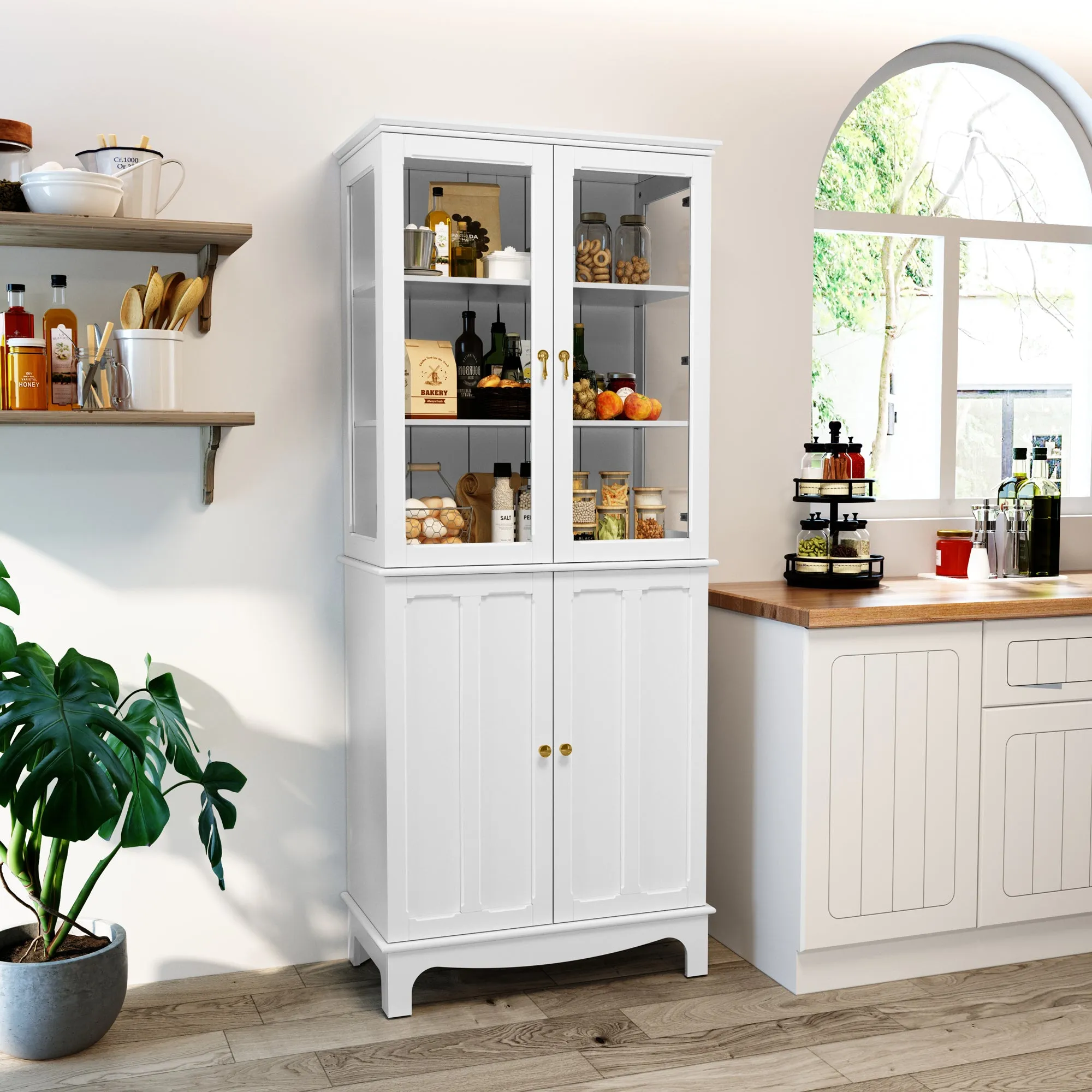 HLR 72" White Classical Freestanding Pantry Sideboard with Glass Doors & Adjustable Shelves, Tall Storage Cabinet for Kitchen, Living & Dining Rooms