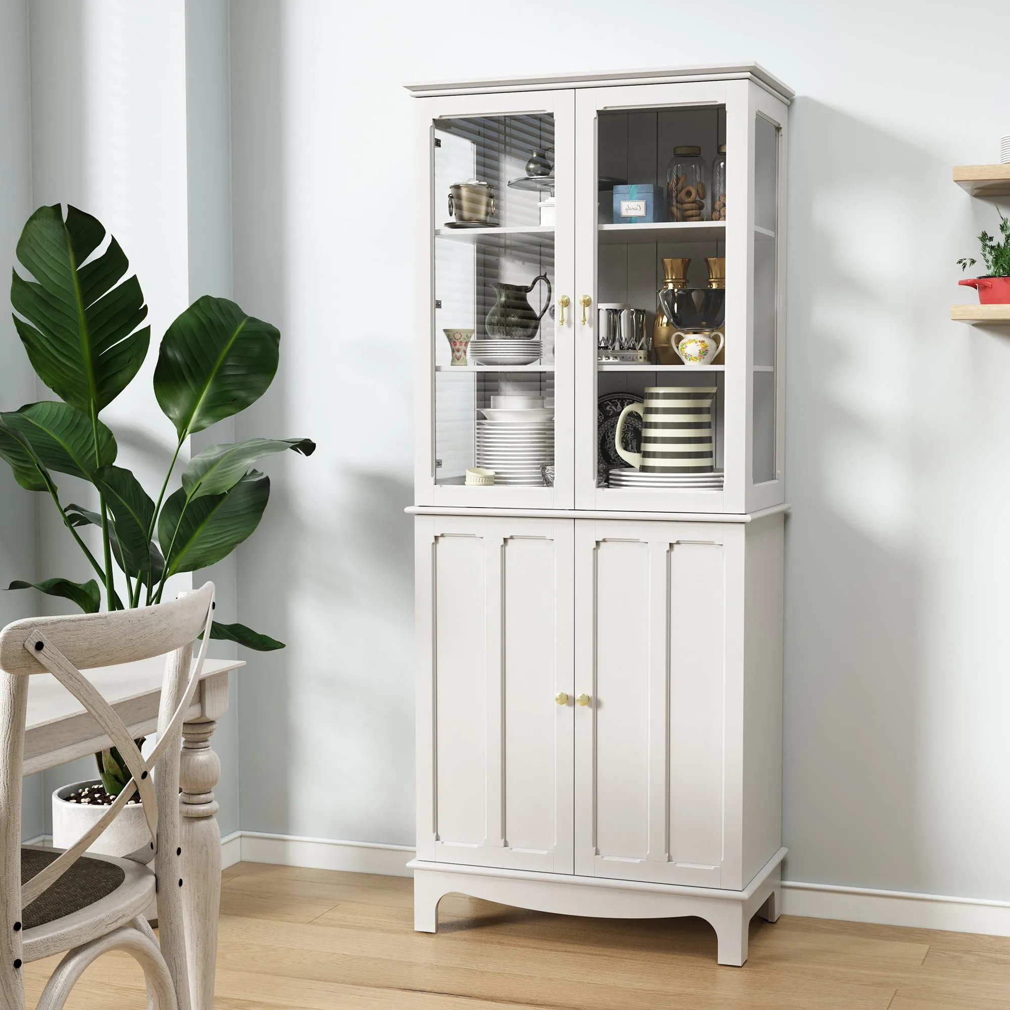 HLR 72" White Classical Freestanding Pantry Sideboard with Glass Doors & Adjustable Shelves, Tall Storage Cabinet for Kitchen, Living & Dining Rooms