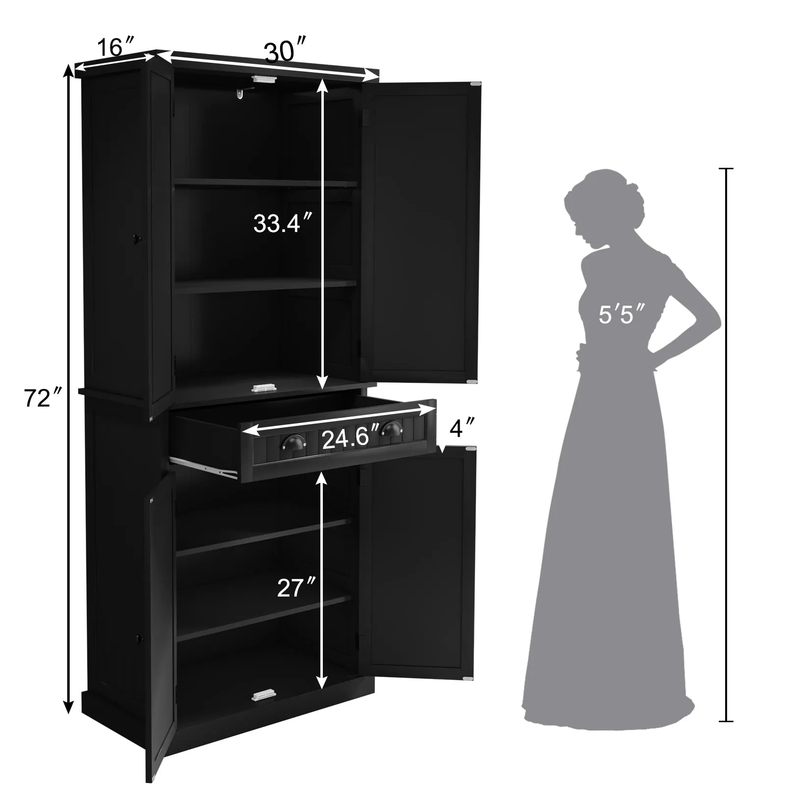 HLR Black Versatile Kitchen Pantry Cabinet with Drawer & Adjustable Shelves, Storage for Kitchen, Bathroom & Hallway
