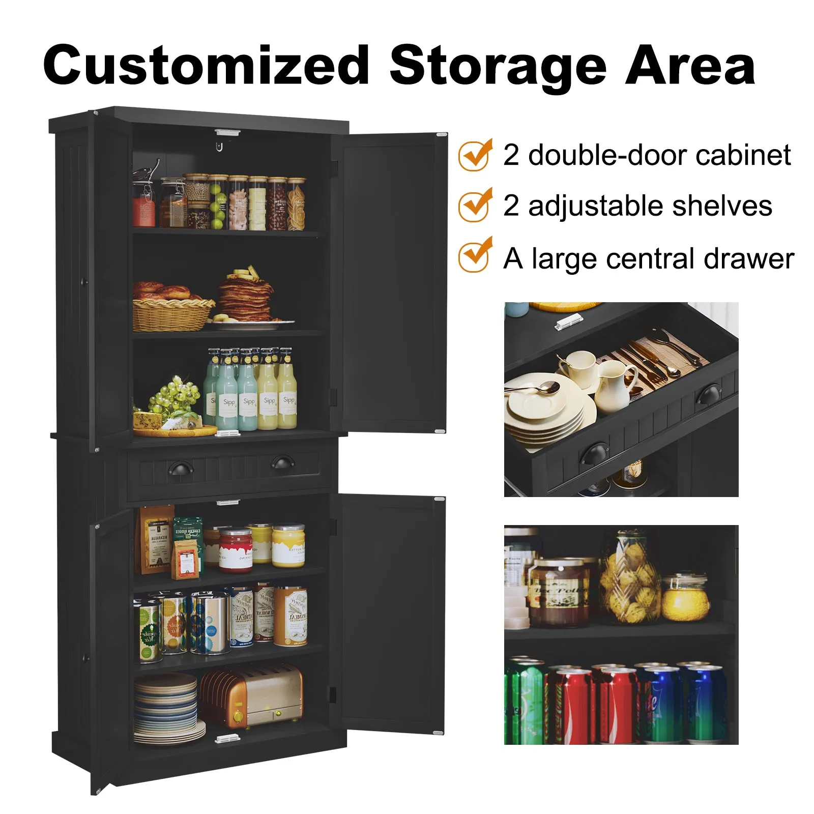 HLR Black Versatile Kitchen Pantry Cabinet with Drawer & Adjustable Shelves, Storage for Kitchen, Bathroom & Hallway