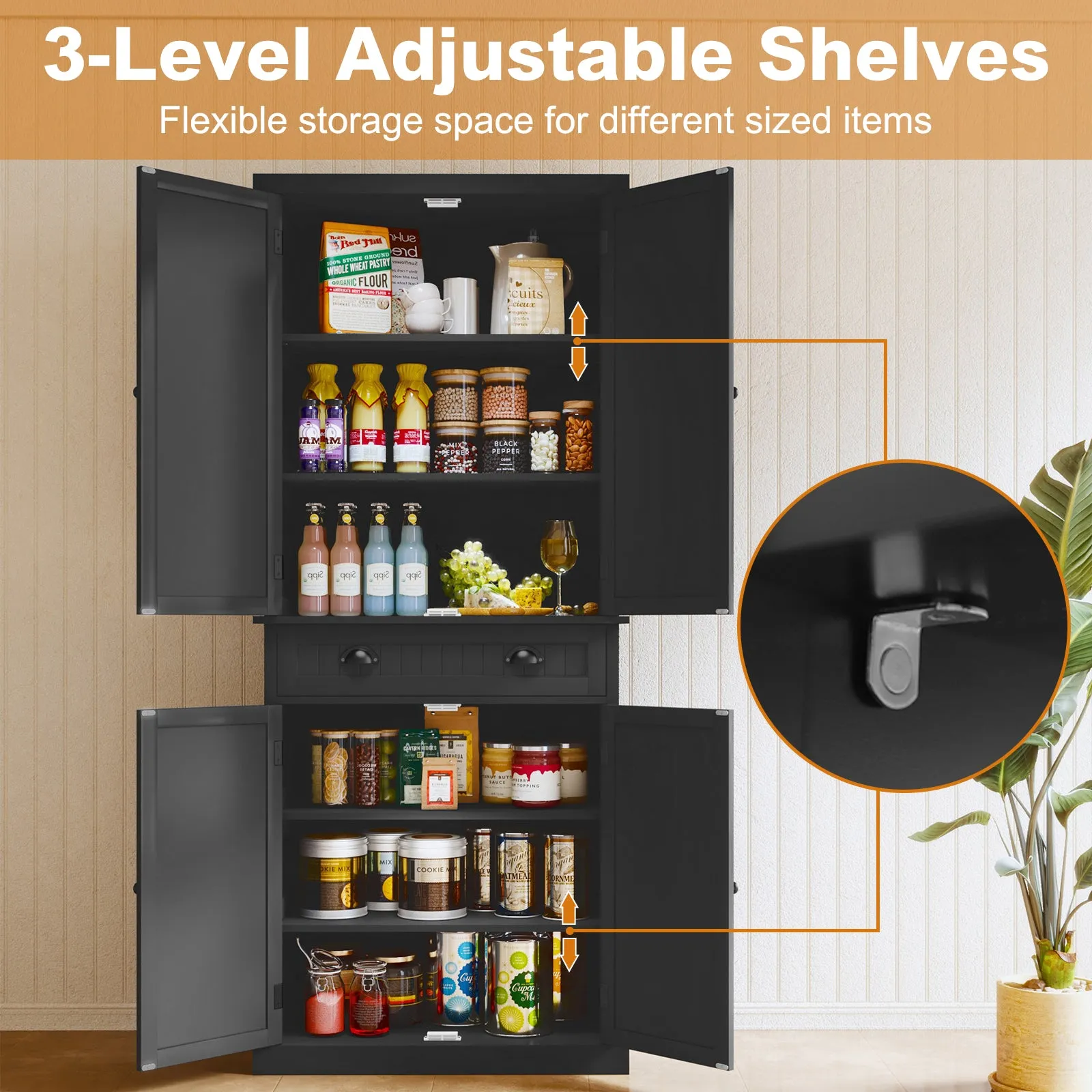 HLR Black Versatile Kitchen Pantry Cabinet with Drawer & Adjustable Shelves, Storage for Kitchen, Bathroom & Hallway