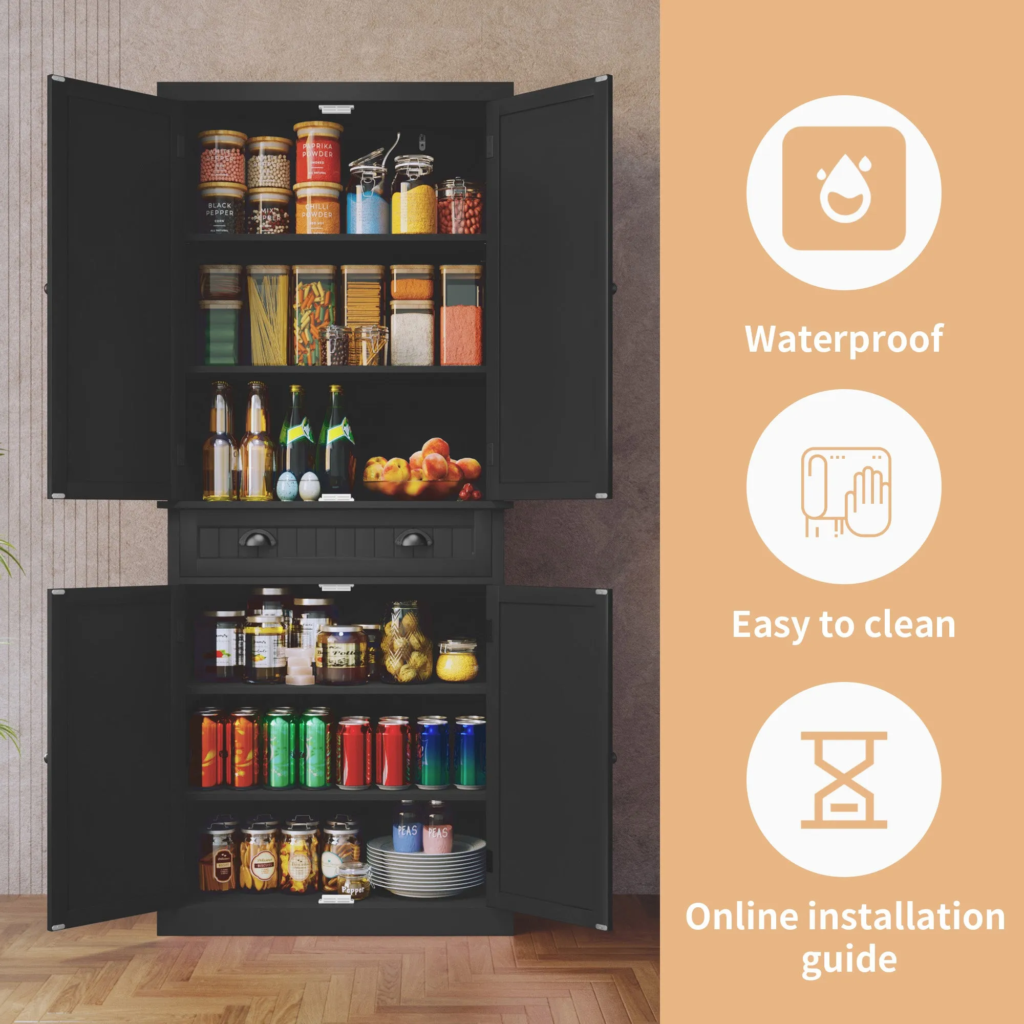 HLR Black Versatile Kitchen Pantry Cabinet with Drawer & Adjustable Shelves, Storage for Kitchen, Bathroom & Hallway