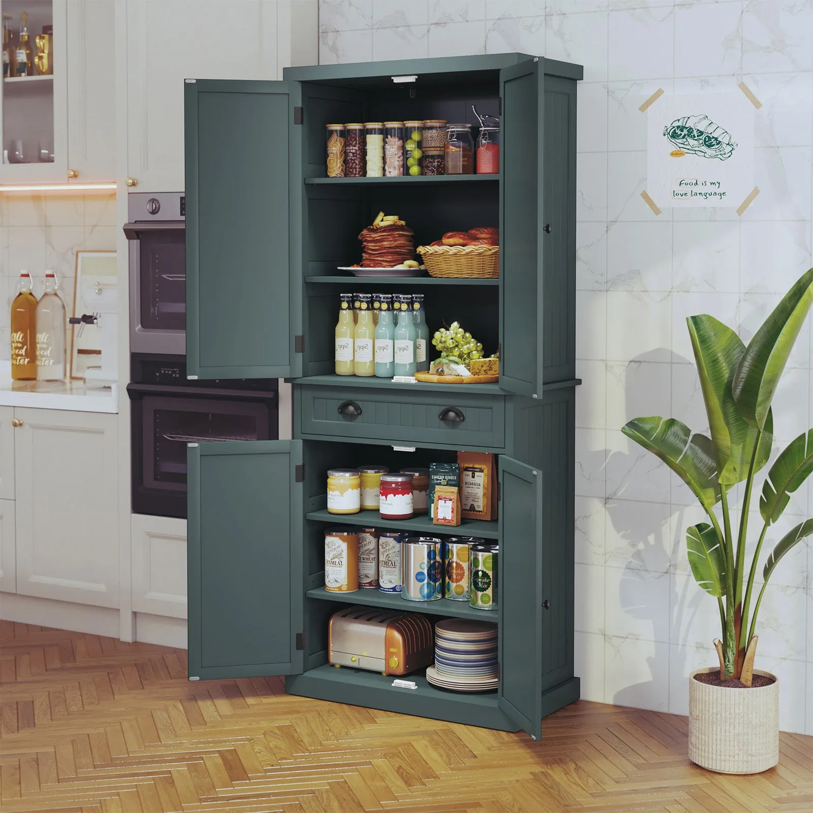 HLR Black Versatile Kitchen Pantry Cabinet with Drawer & Adjustable Shelves, Storage for Kitchen, Bathroom & Hallway