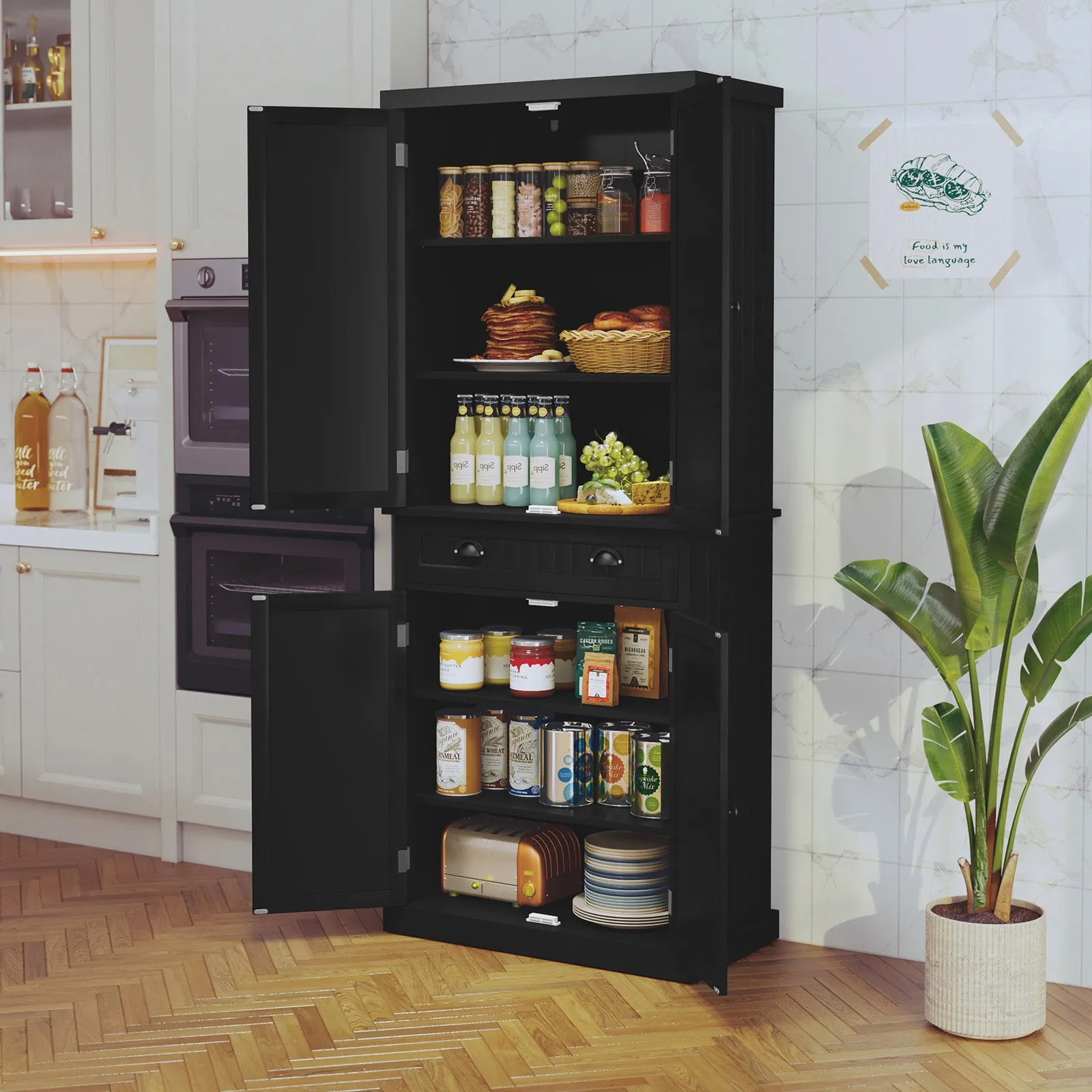 HLR Black Versatile Kitchen Pantry Cabinet with Drawer & Adjustable Shelves, Storage for Kitchen, Bathroom & Hallway