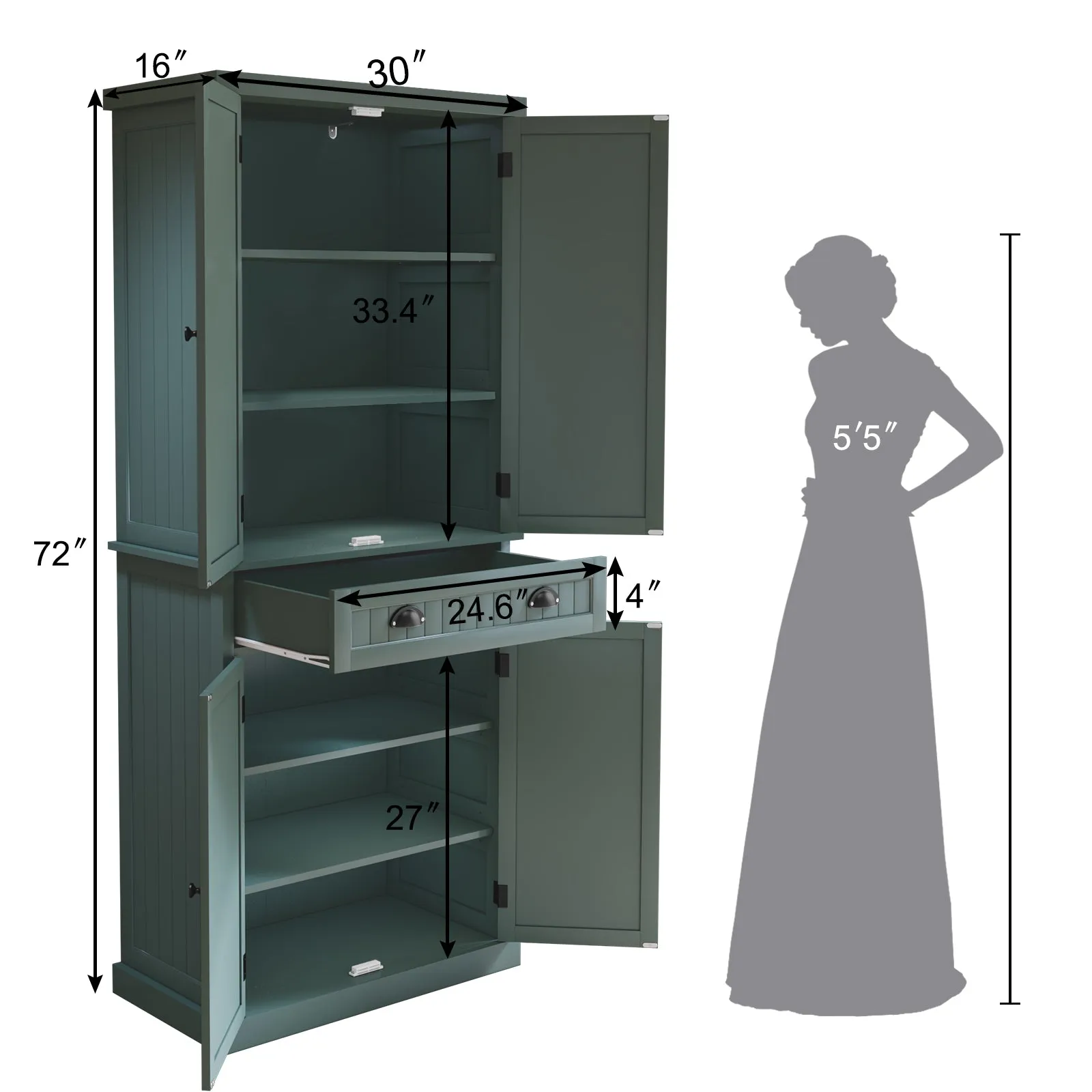 HLR Green Versatile Kitchen Pantry Cabinet with Drawer & Adjustable Shelves, Storage for Kitchen, Bathroom & Hallway