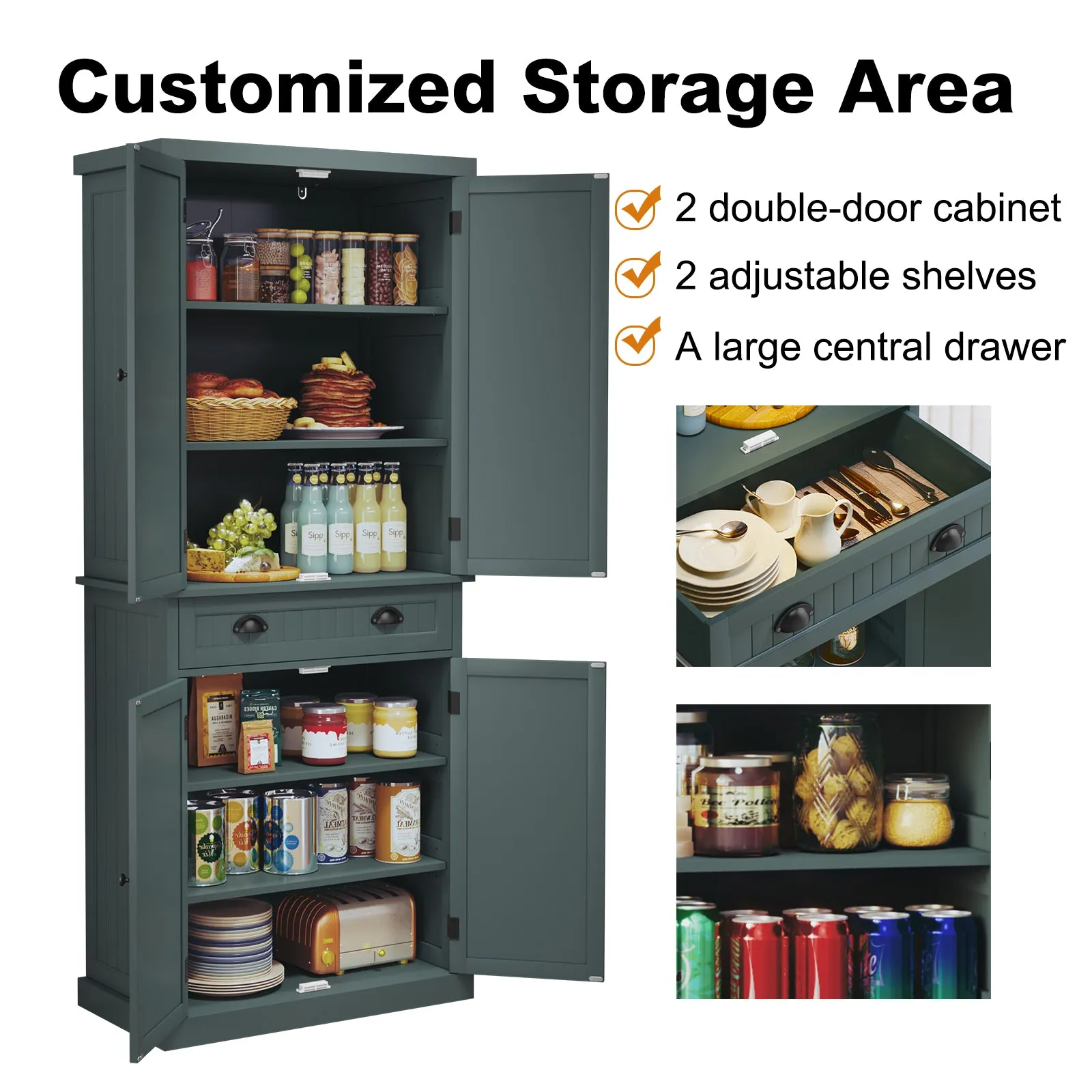 HLR Green Versatile Kitchen Pantry Cabinet with Drawer & Adjustable Shelves, Storage for Kitchen, Bathroom & Hallway
