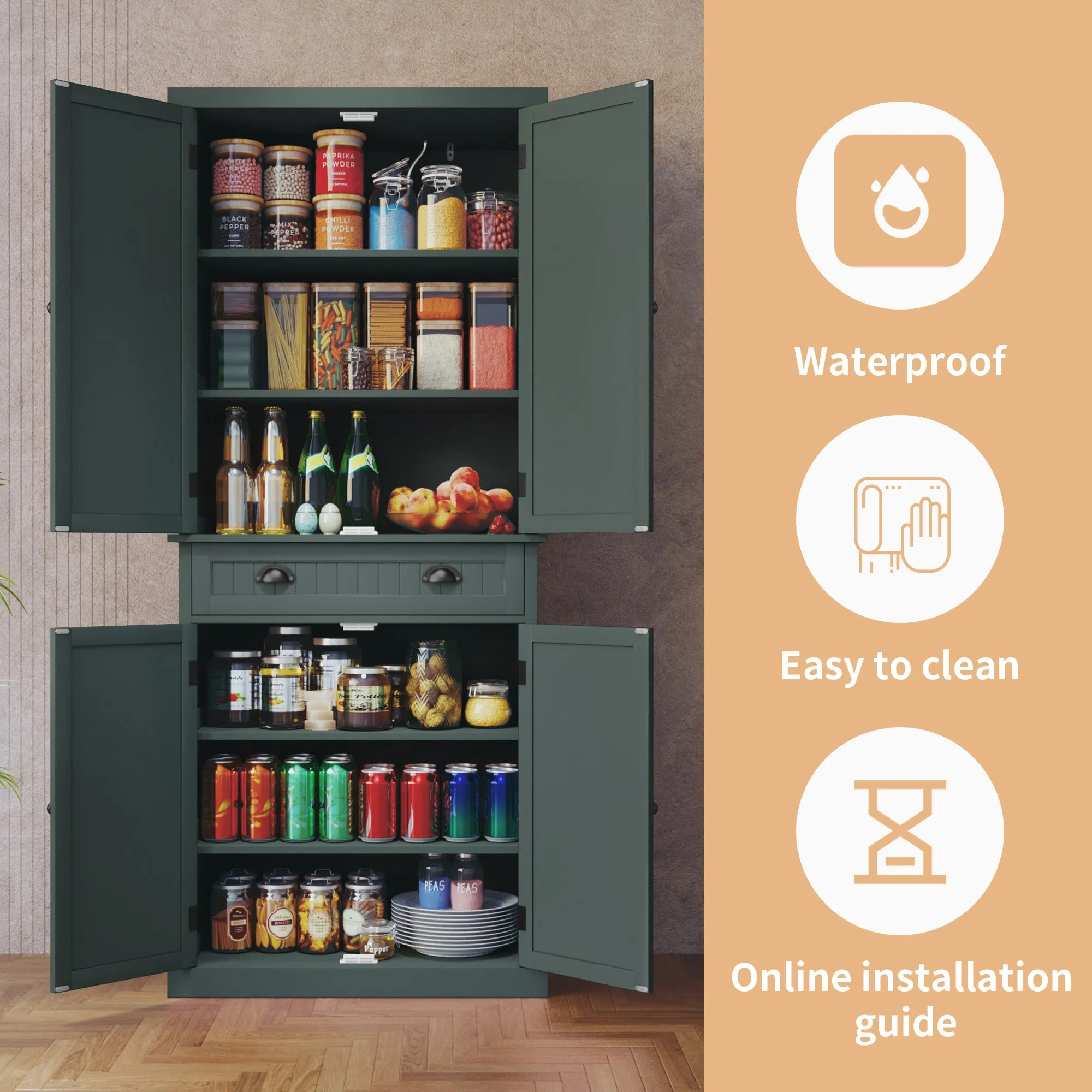 HLR Green Versatile Kitchen Pantry Cabinet with Drawer & Adjustable Shelves, Storage for Kitchen, Bathroom & Hallway