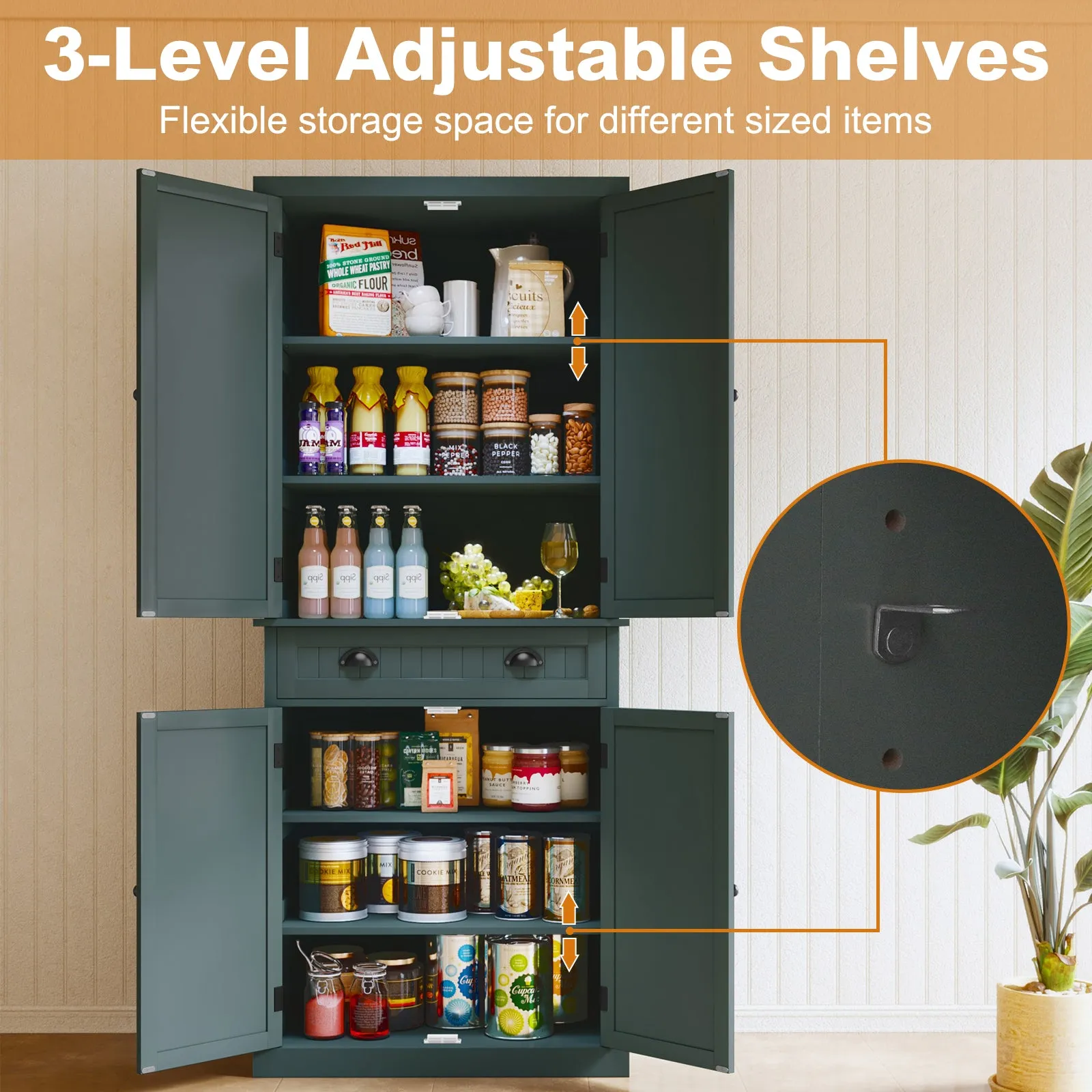 HLR Green Versatile Kitchen Pantry Cabinet with Drawer & Adjustable Shelves, Storage for Kitchen, Bathroom & Hallway