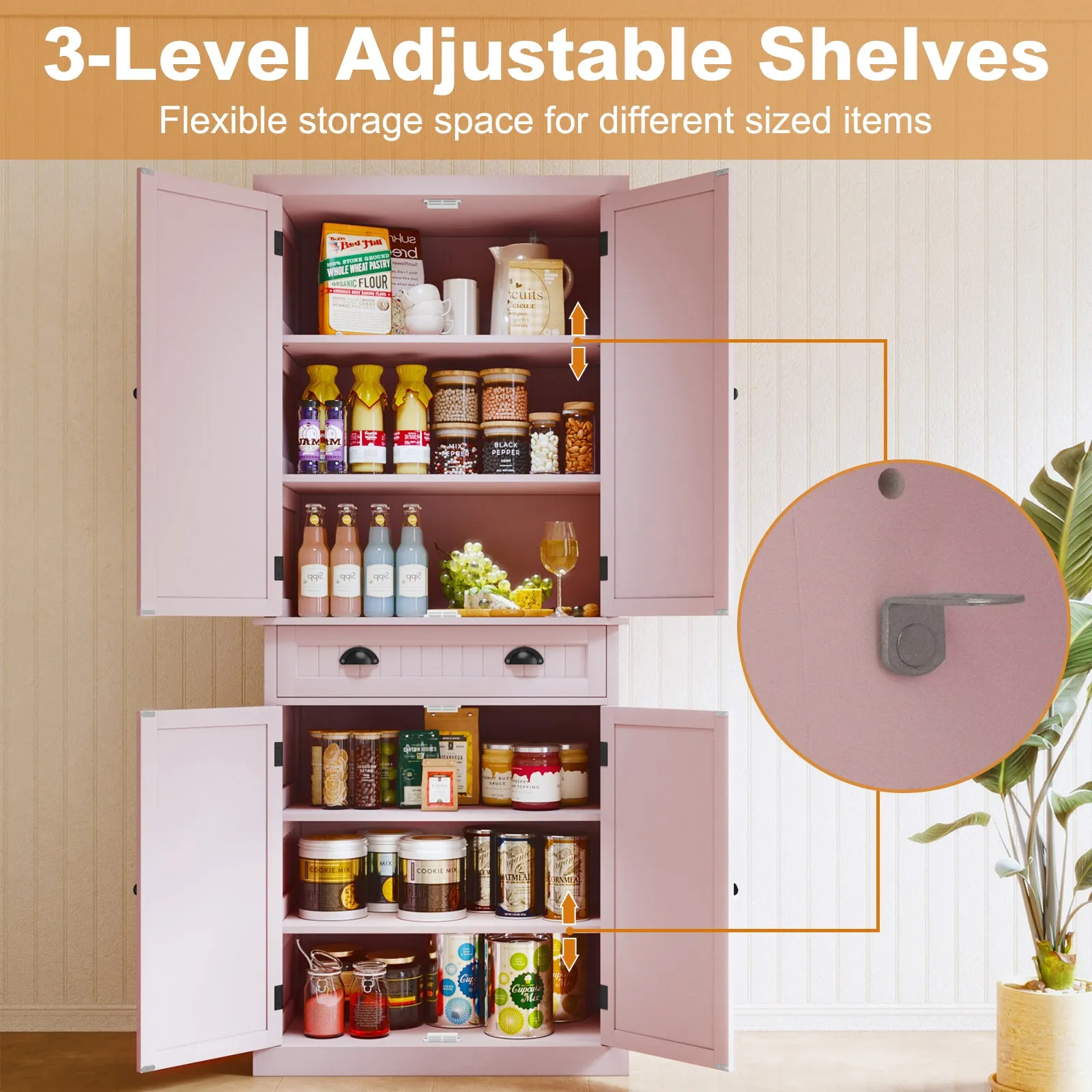 HLR Pink Versatile Kitchen Pantry Cabinet with Drawer & Adjustable Shelves, Storage for Kitchen, Bathroom & Hallway