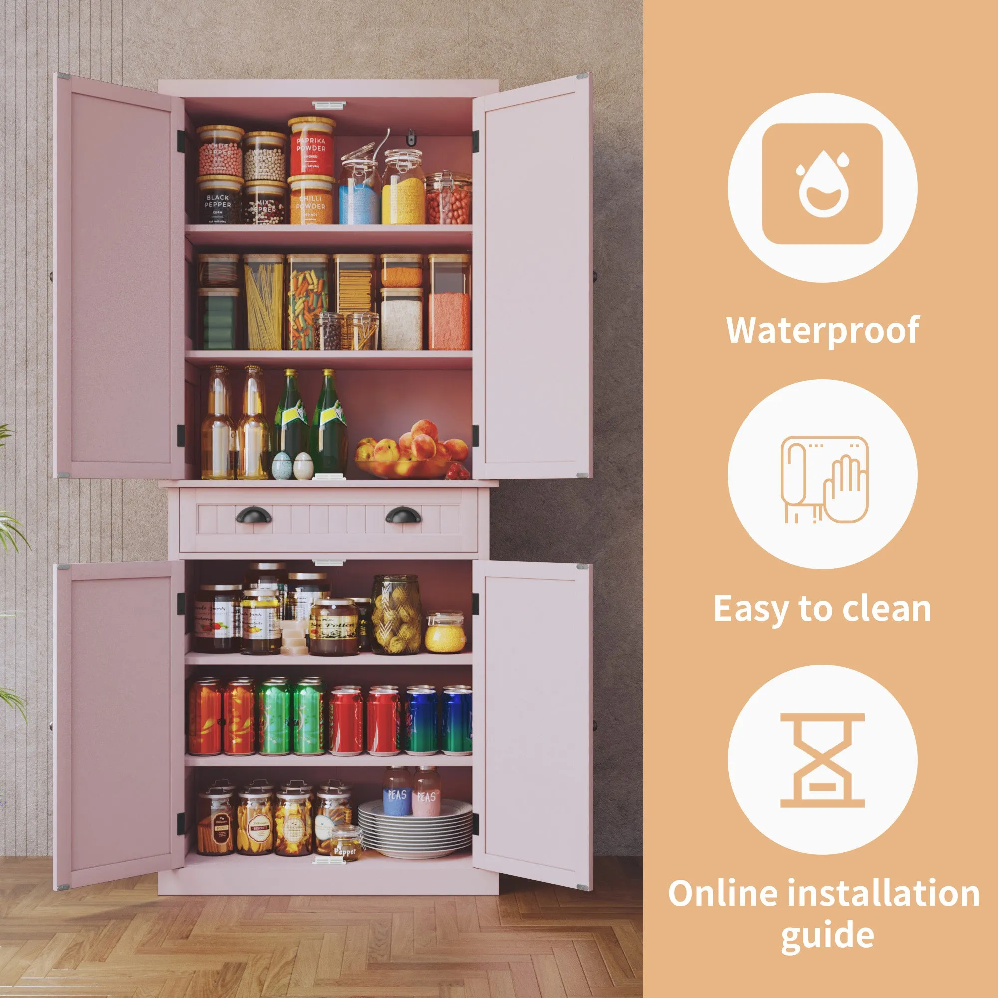 HLR Pink Versatile Kitchen Pantry Cabinet with Drawer & Adjustable Shelves, Storage for Kitchen, Bathroom & Hallway