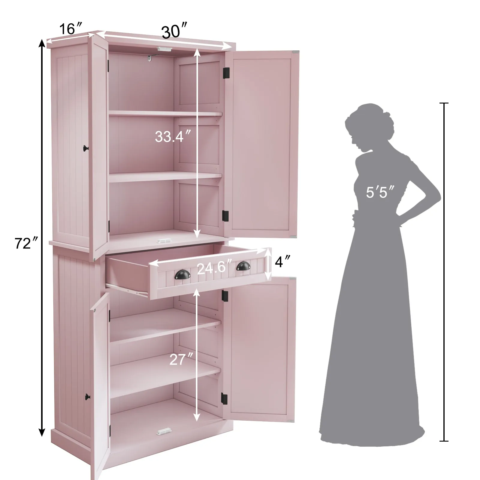 HLR Pink Versatile Kitchen Pantry Cabinet with Drawer & Adjustable Shelves, Storage for Kitchen, Bathroom & Hallway