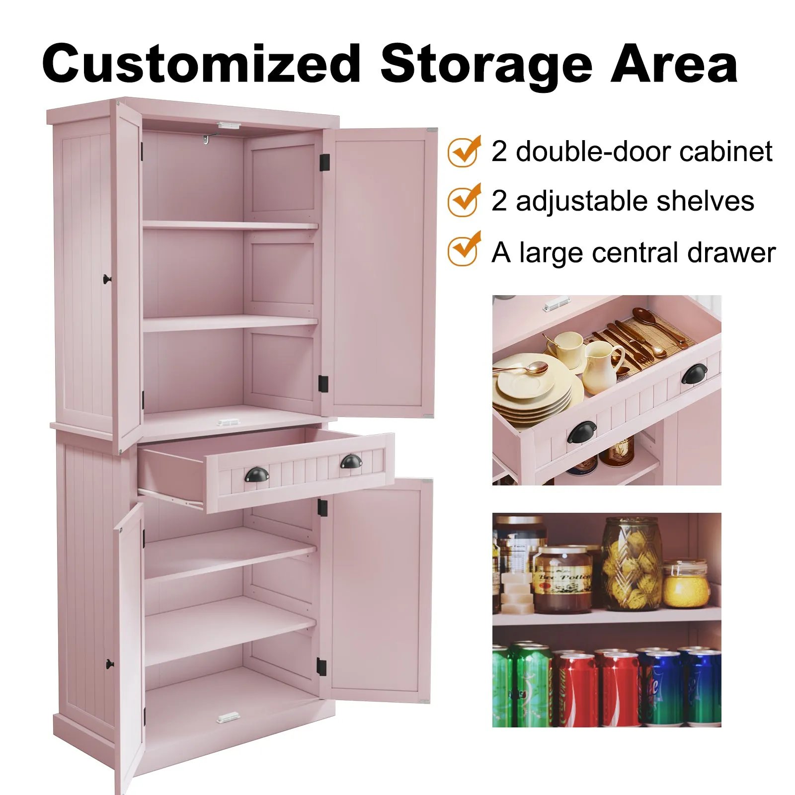 HLR Pink Versatile Kitchen Pantry Cabinet with Drawer & Adjustable Shelves, Storage for Kitchen, Bathroom & Hallway