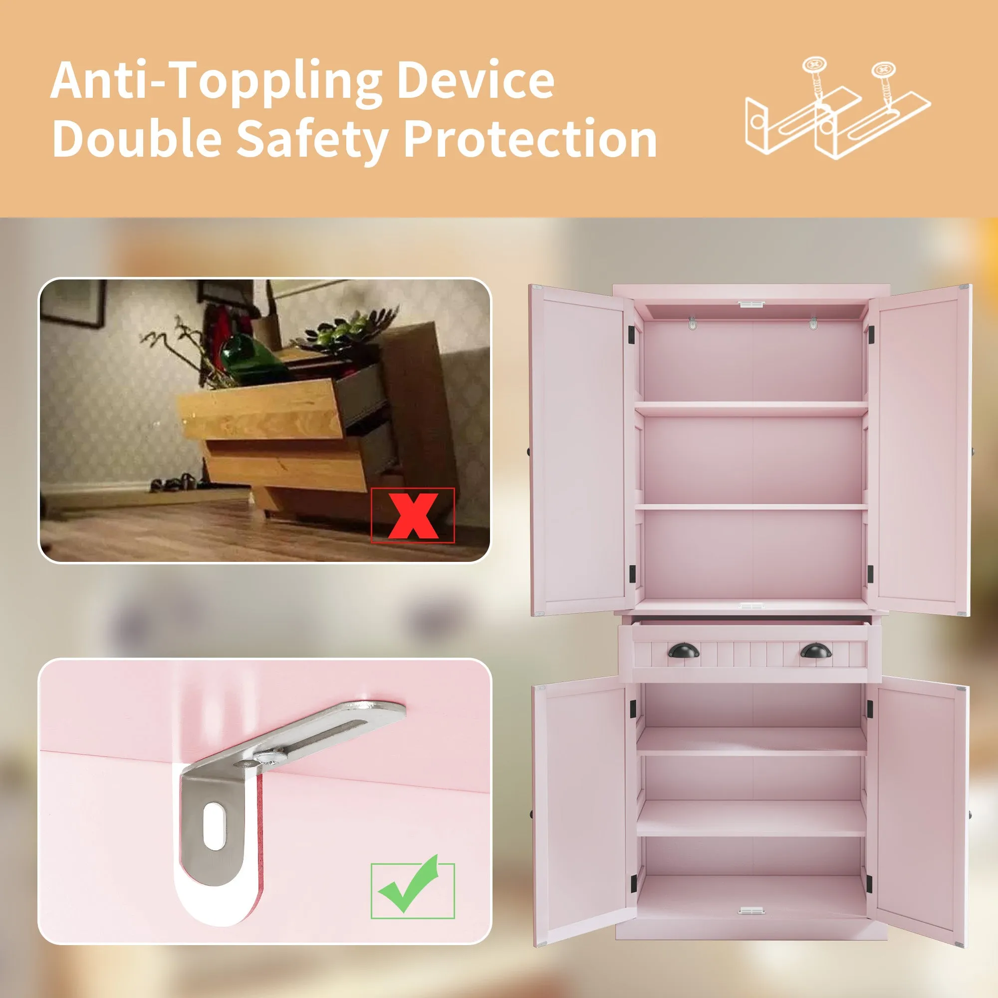HLR Pink Versatile Kitchen Pantry Cabinet with Drawer & Adjustable Shelves, Storage for Kitchen, Bathroom & Hallway