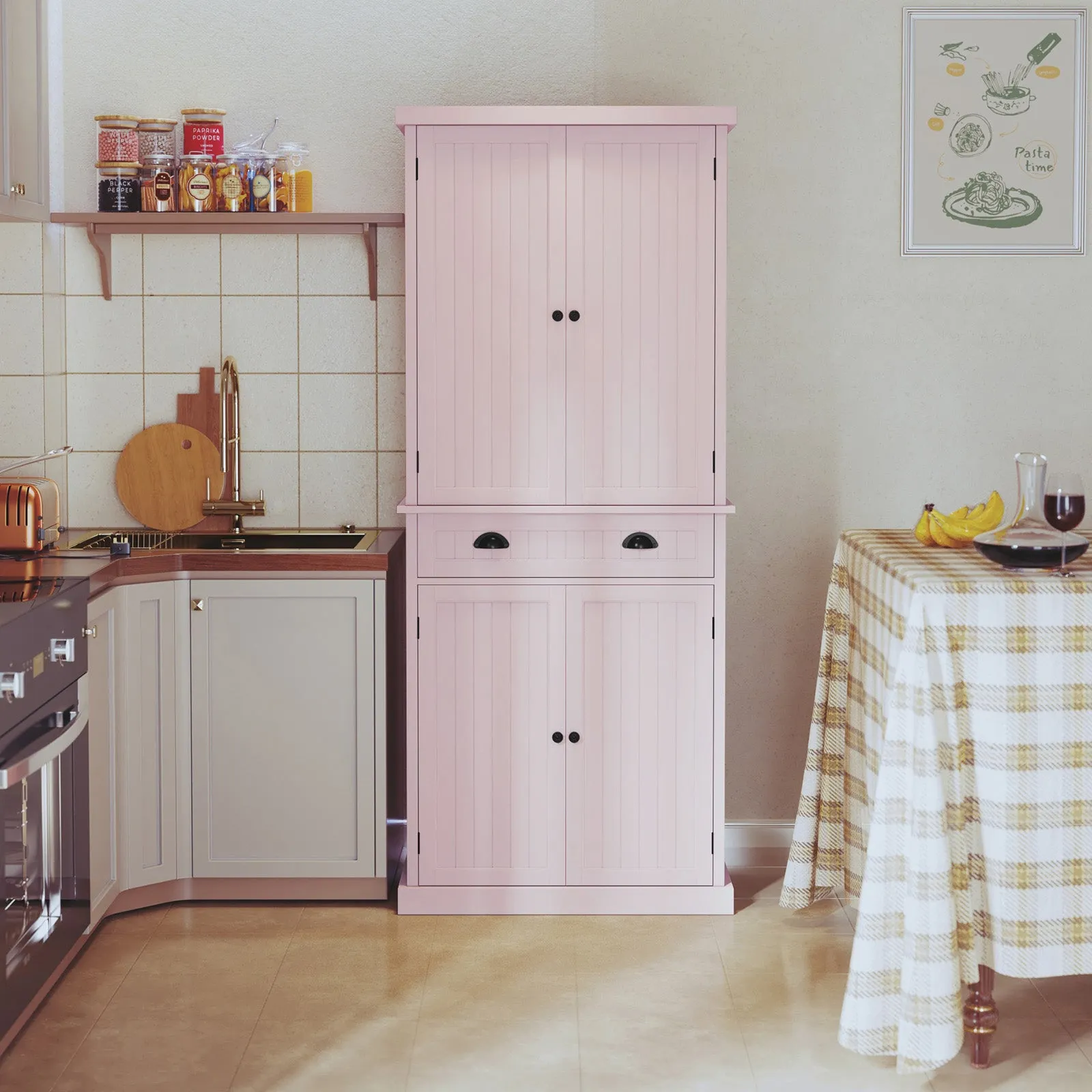 HLR Pink Versatile Kitchen Pantry Cabinet with Drawer & Adjustable Shelves, Storage for Kitchen, Bathroom & Hallway