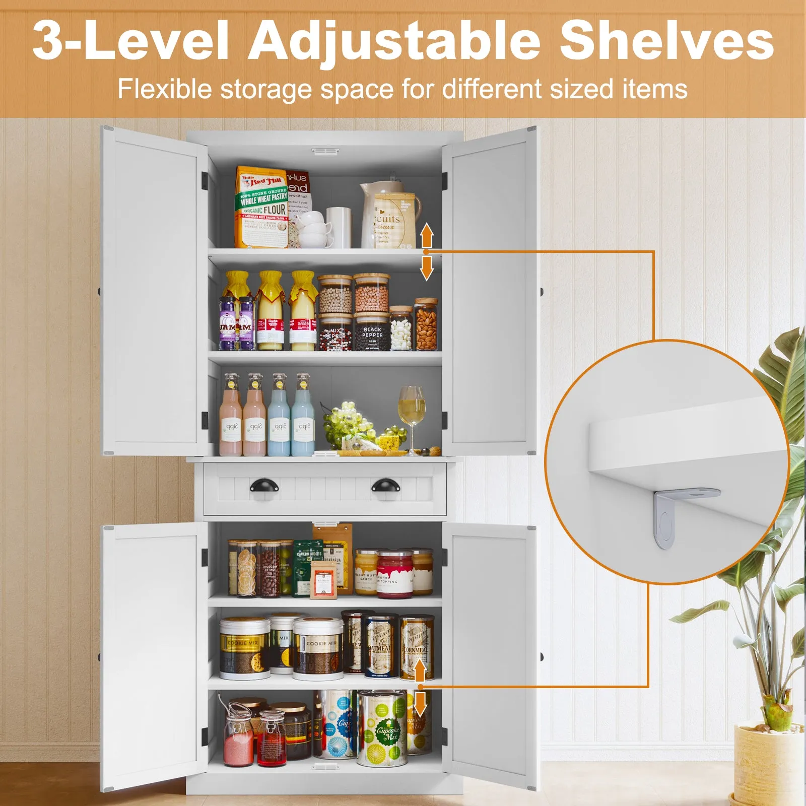 HLR White Kitchen Pantry Storage Cabinet with Drawer and Adjustable Shelves, Pantry Cabinet for Kitchen, Bathroom or Hallway, White