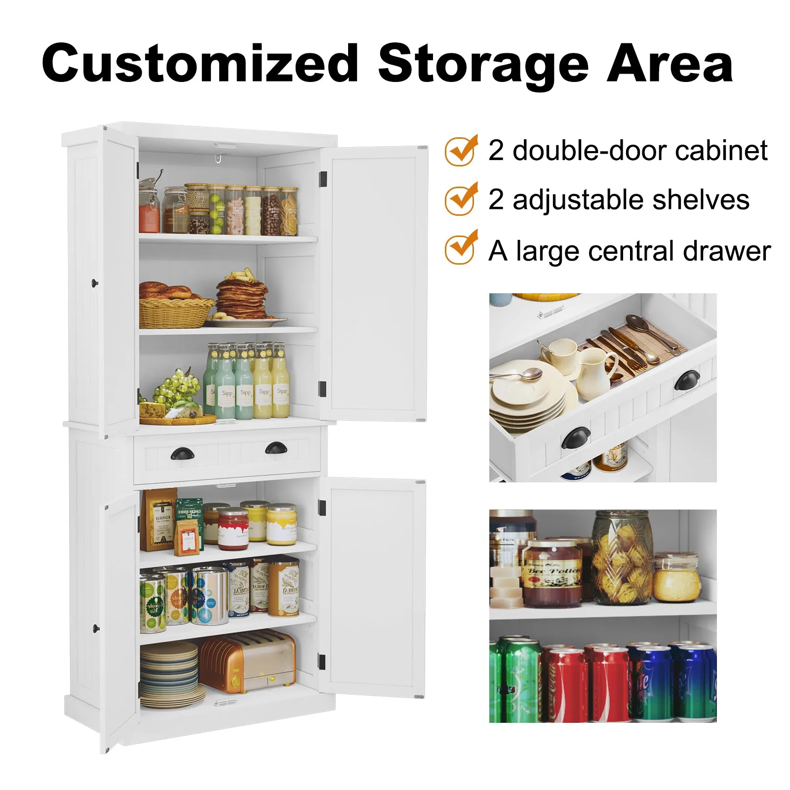 HLR White Kitchen Pantry Storage Cabinet with Drawer and Adjustable Shelves, Pantry Cabinet for Kitchen, Bathroom or Hallway, White