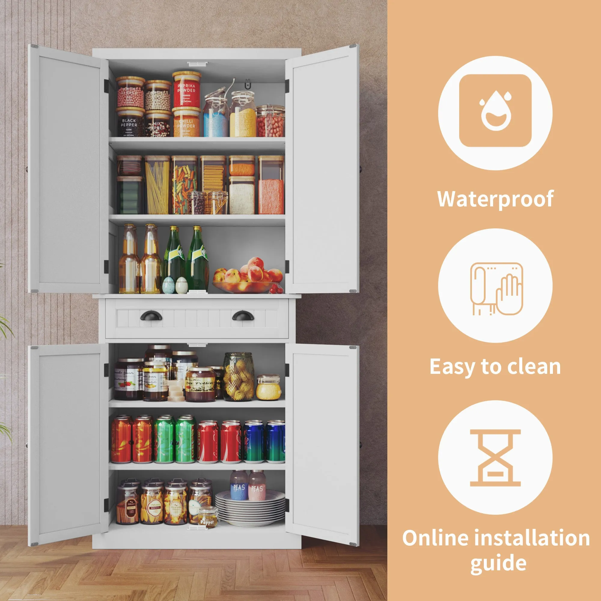 HLR White Kitchen Pantry Storage Cabinet with Drawer and Adjustable Shelves, Pantry Cabinet for Kitchen, Bathroom or Hallway, White