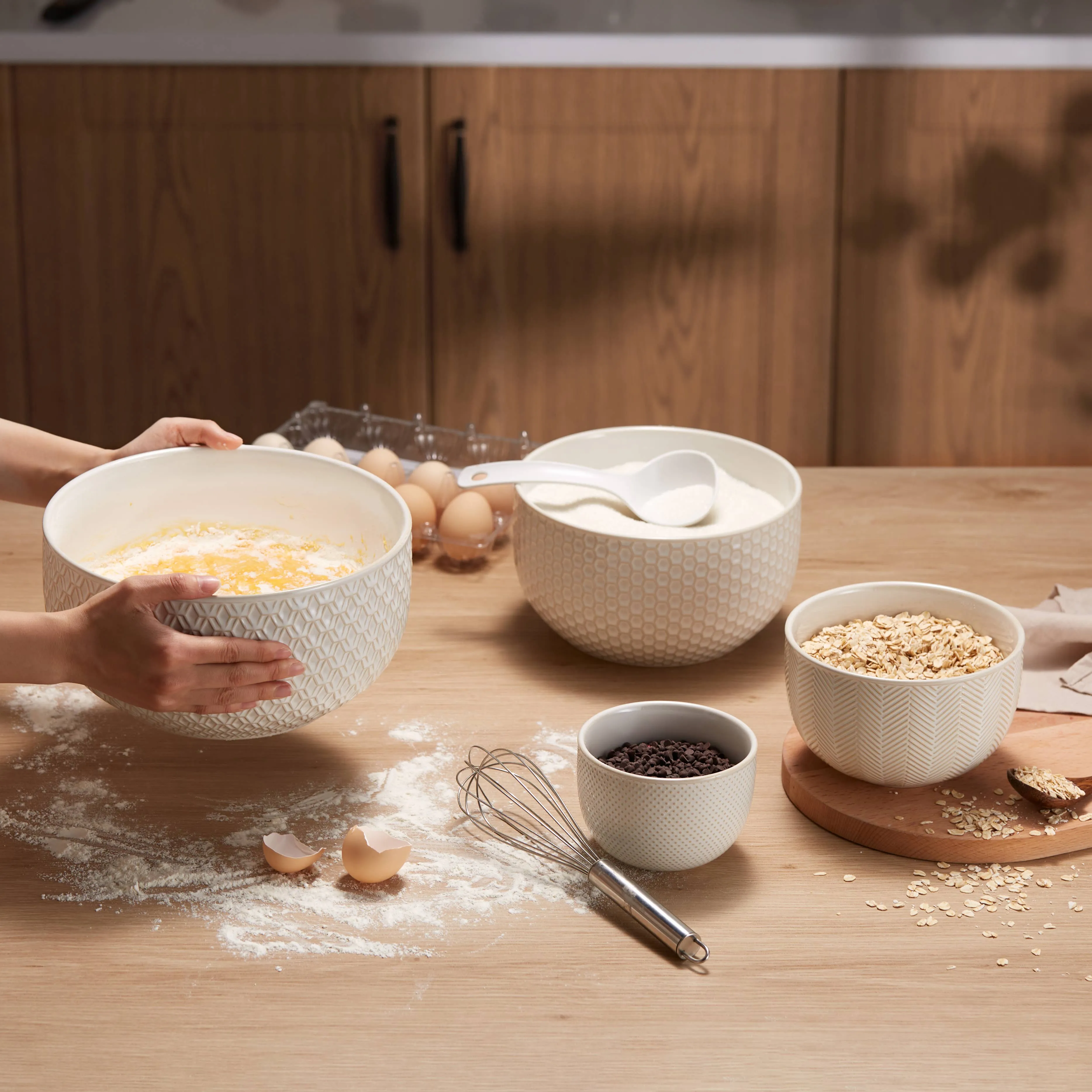 Kook Ceramic Nesting Bowls, 20/44/98/145 oz, Cream
