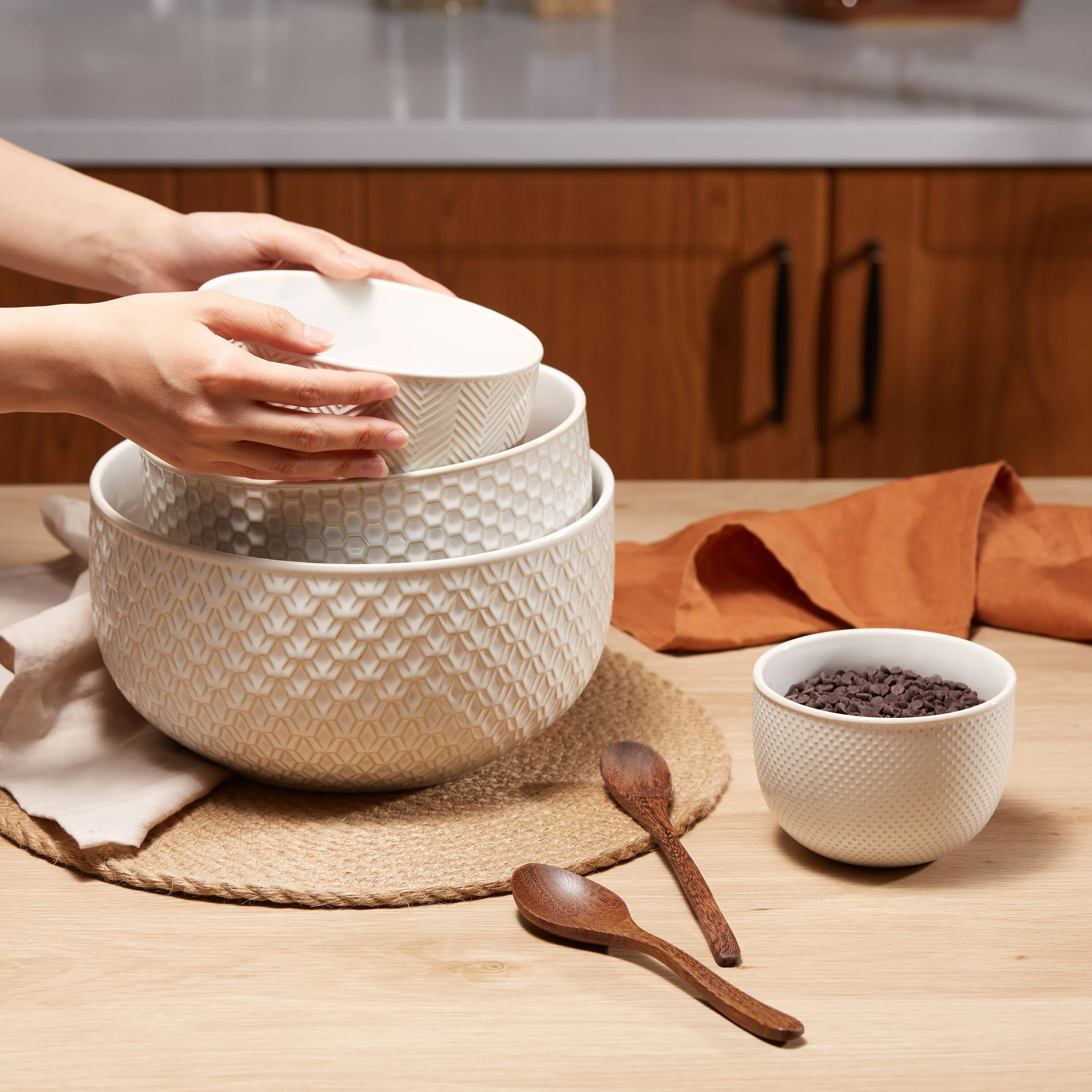 Kook Ceramic Nesting Bowls, 20/44/98/145 oz, Cream