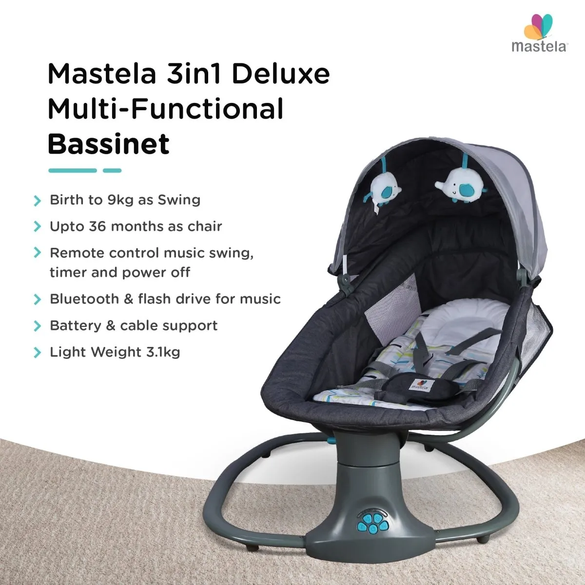 Mastela 3-in-1 Deluxe Multi-Functional Bassinet/Swing- Grey & Blue