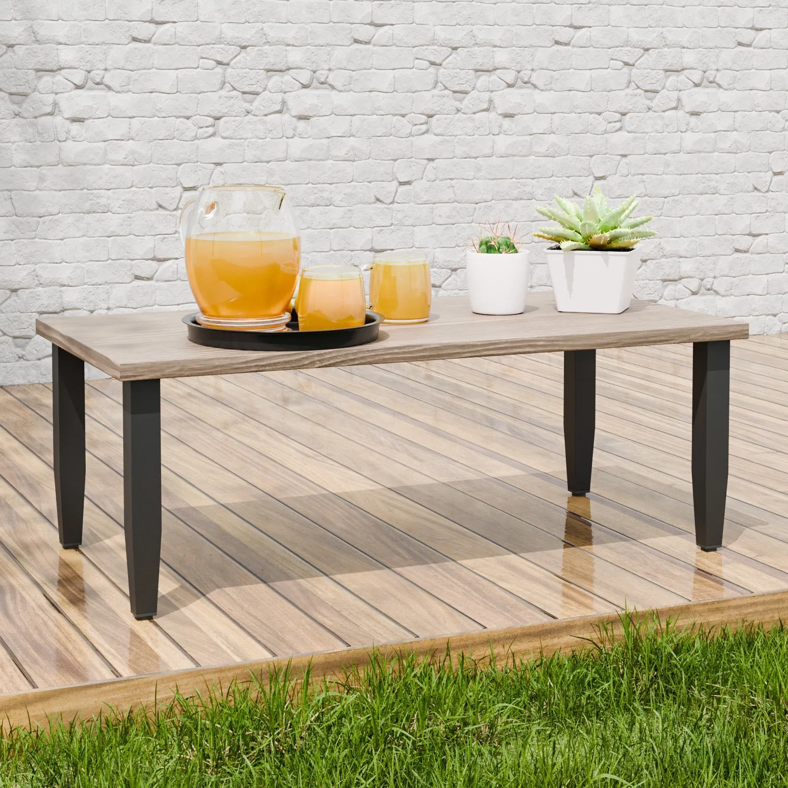 Modern Wicker Outdoor Modern Rectangle Small Patio Table, Wood Grain Top
