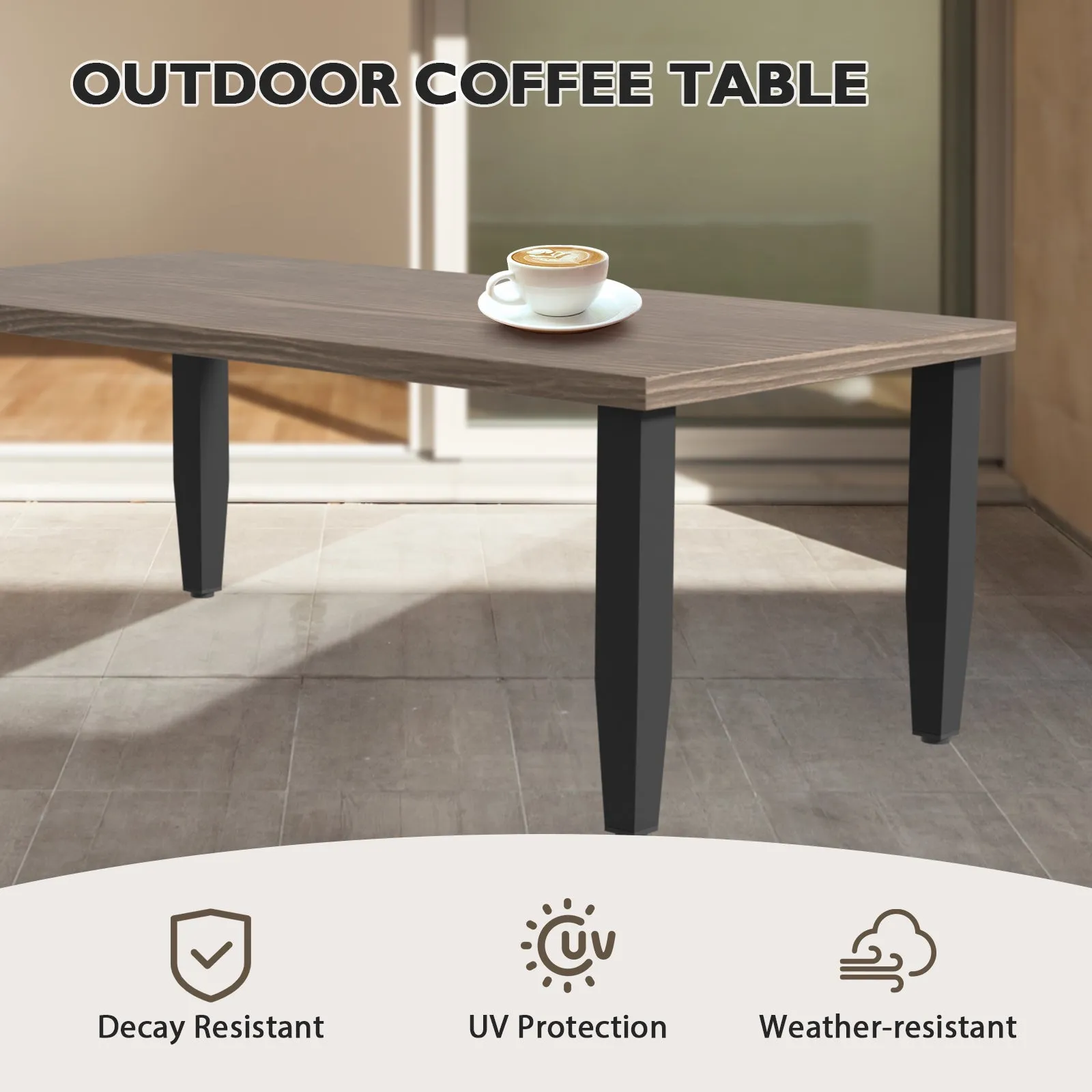 Modern Wicker Outdoor Modern Rectangle Small Patio Table, Wood Grain Top