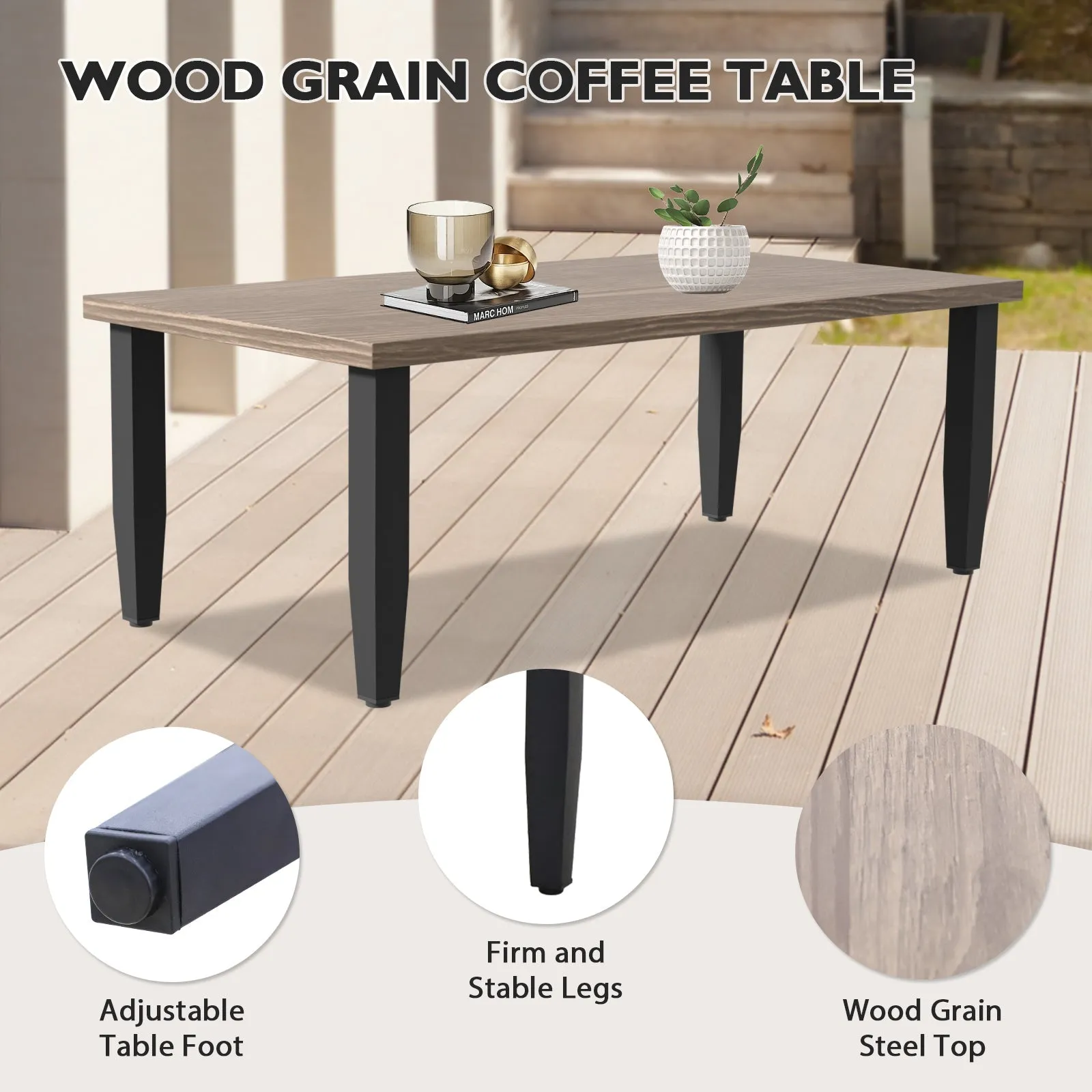 Modern Wicker Outdoor Modern Rectangle Small Patio Table, Wood Grain Top