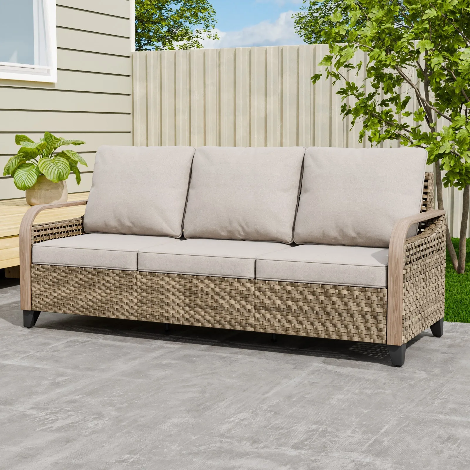Modern Wicker Outdoor Patio 3 Seat Sofa, Brown/Gray
