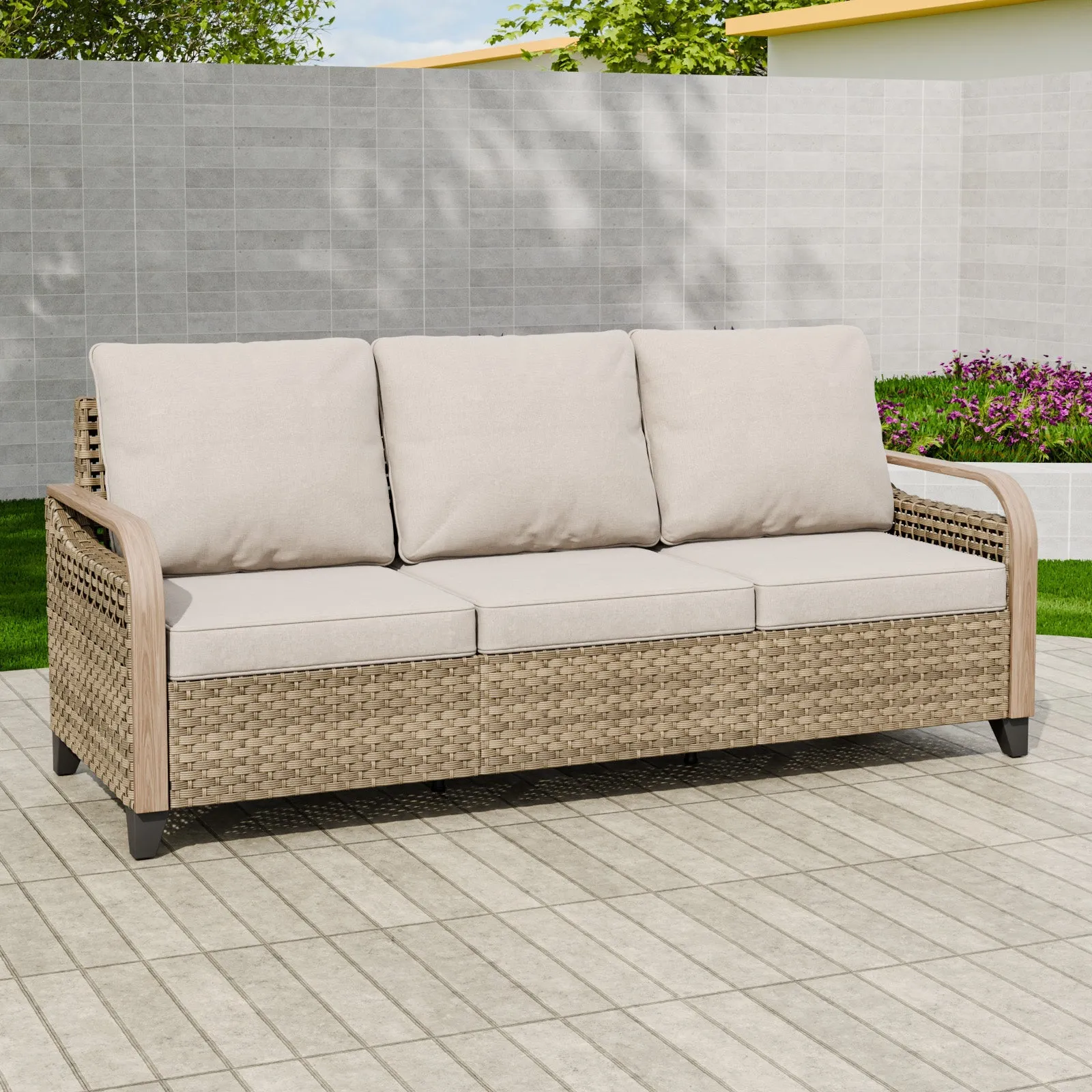 Modern Wicker Outdoor Patio 3 Seat Sofa, Brown/Gray