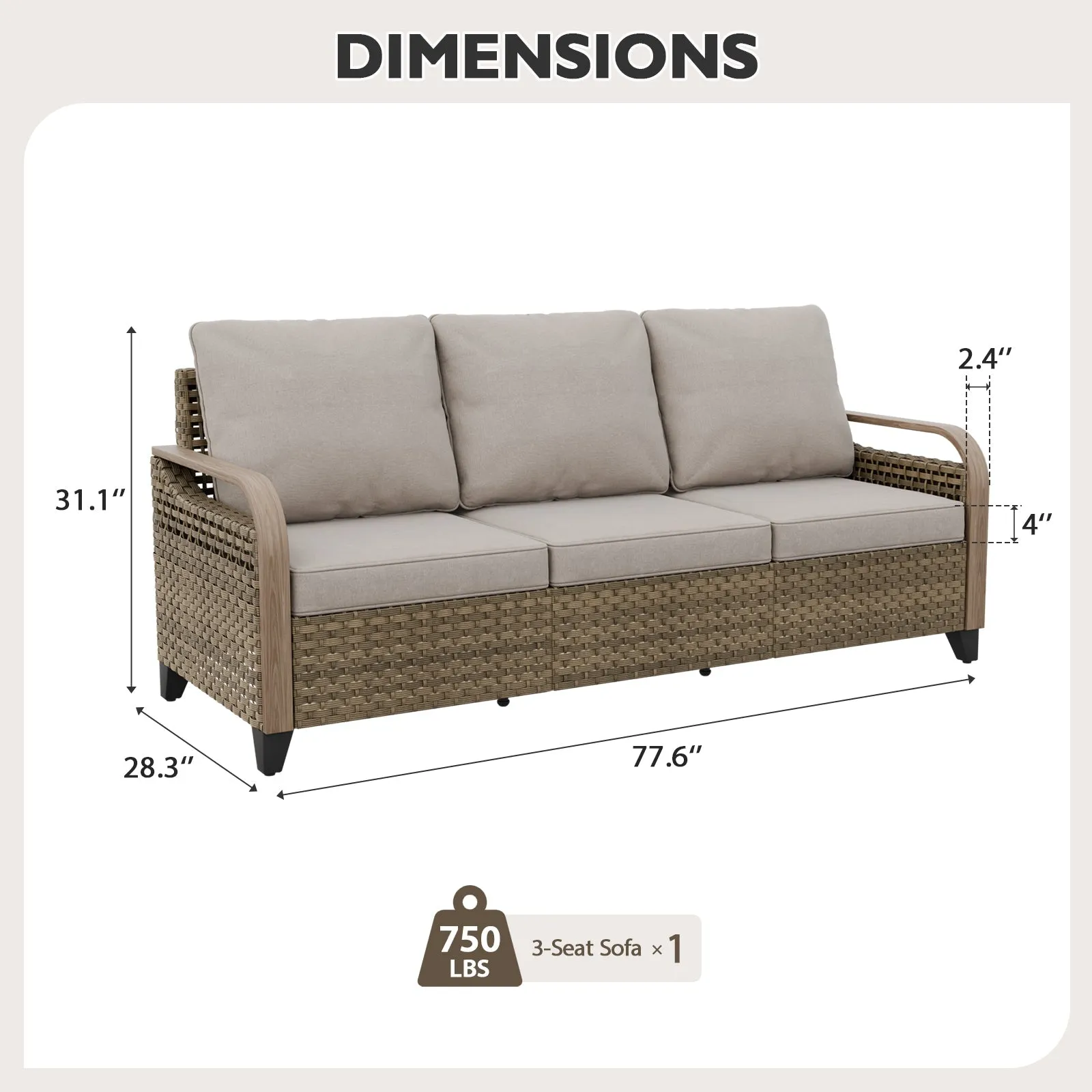 Modern Wicker Outdoor Patio 3 Seat Sofa, Brown/Gray