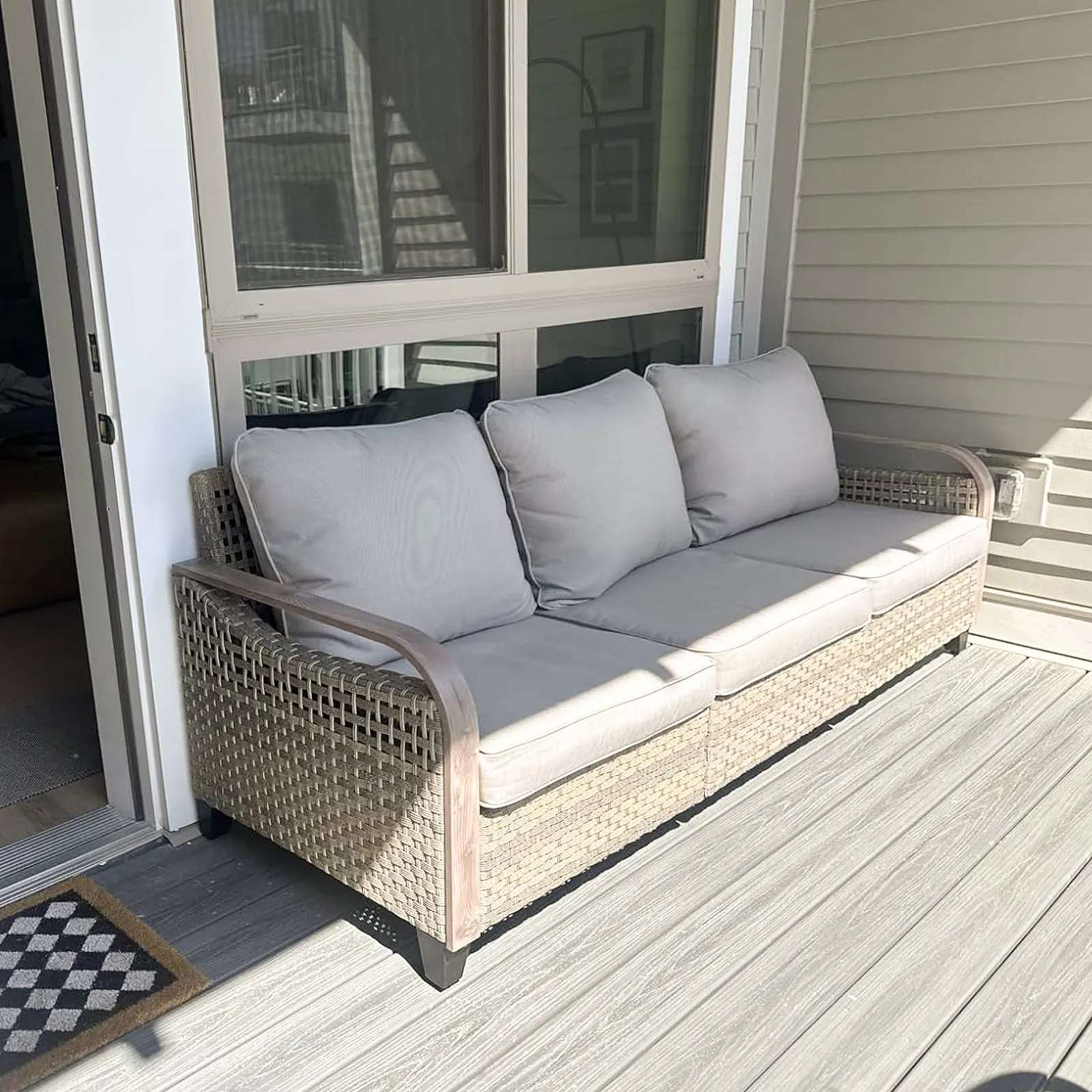 Modern Wicker Outdoor Patio 3 Seat Sofa, Brown/Gray