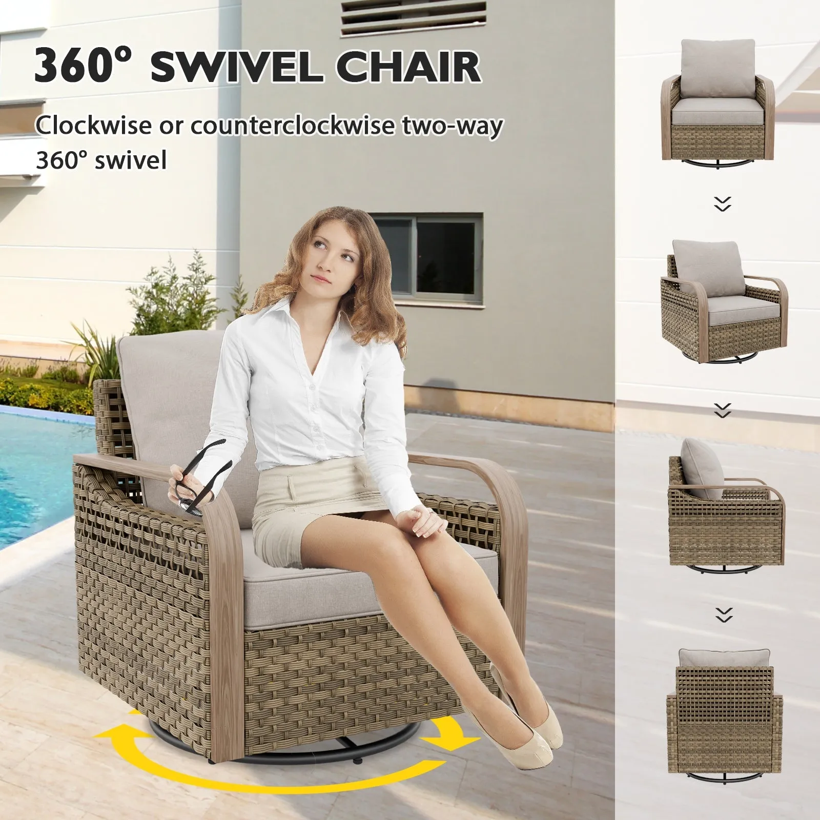Modern Wicker Swivel Rocker Chair Outdoor, Brown/Gray