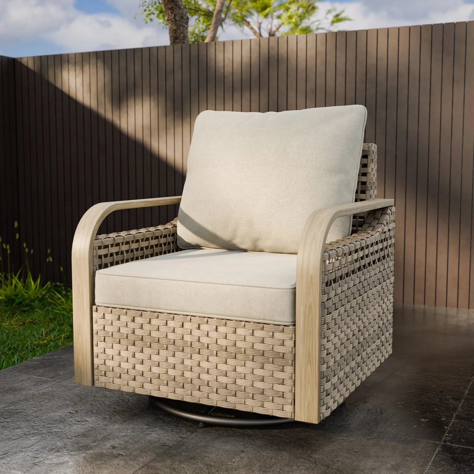 Modern Wicker Swivel Rocker Chair Outdoor, Brown/Gray