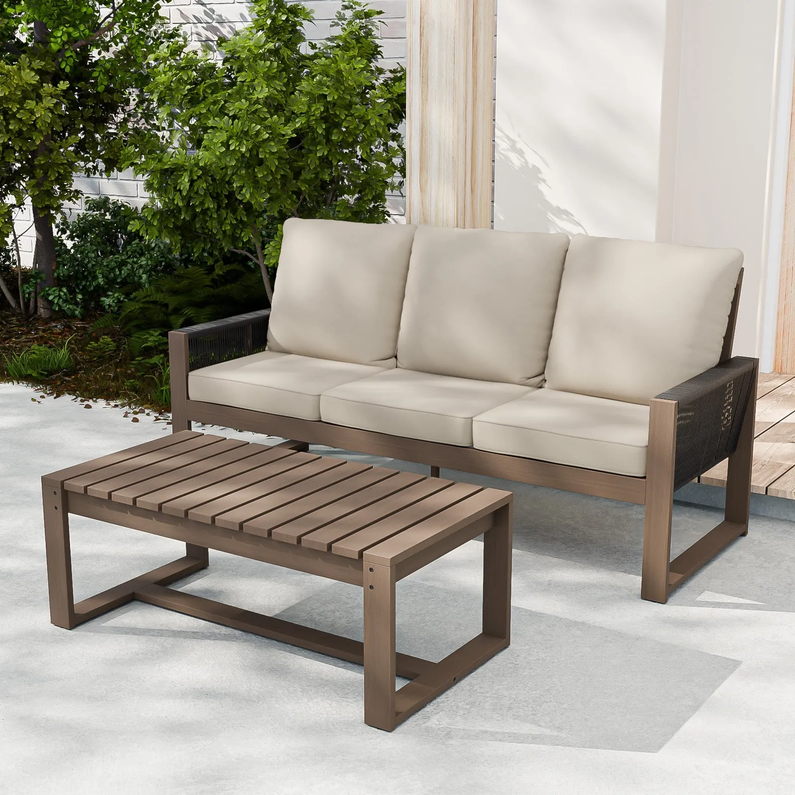 Natural Outdoor Patio Furniture Set, Sofa and Coffee Table, 2 Pieces