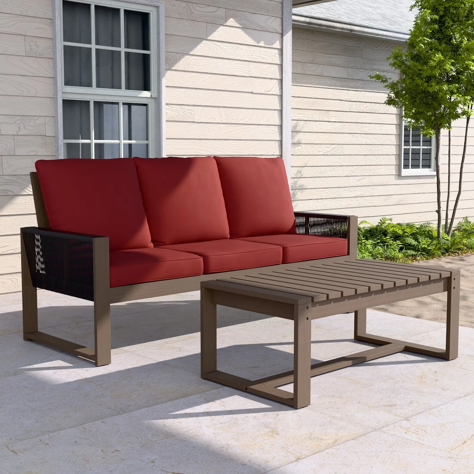 Natural Outdoor Patio Furniture Set, Sofa and Coffee Table, 2 Pieces