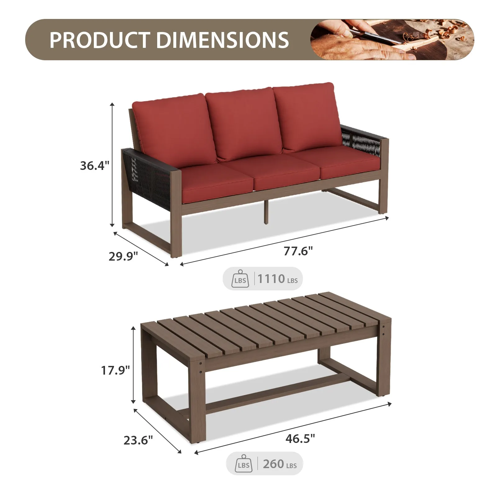Natural Outdoor Patio Furniture Set, Sofa and Coffee Table, 2 Pieces