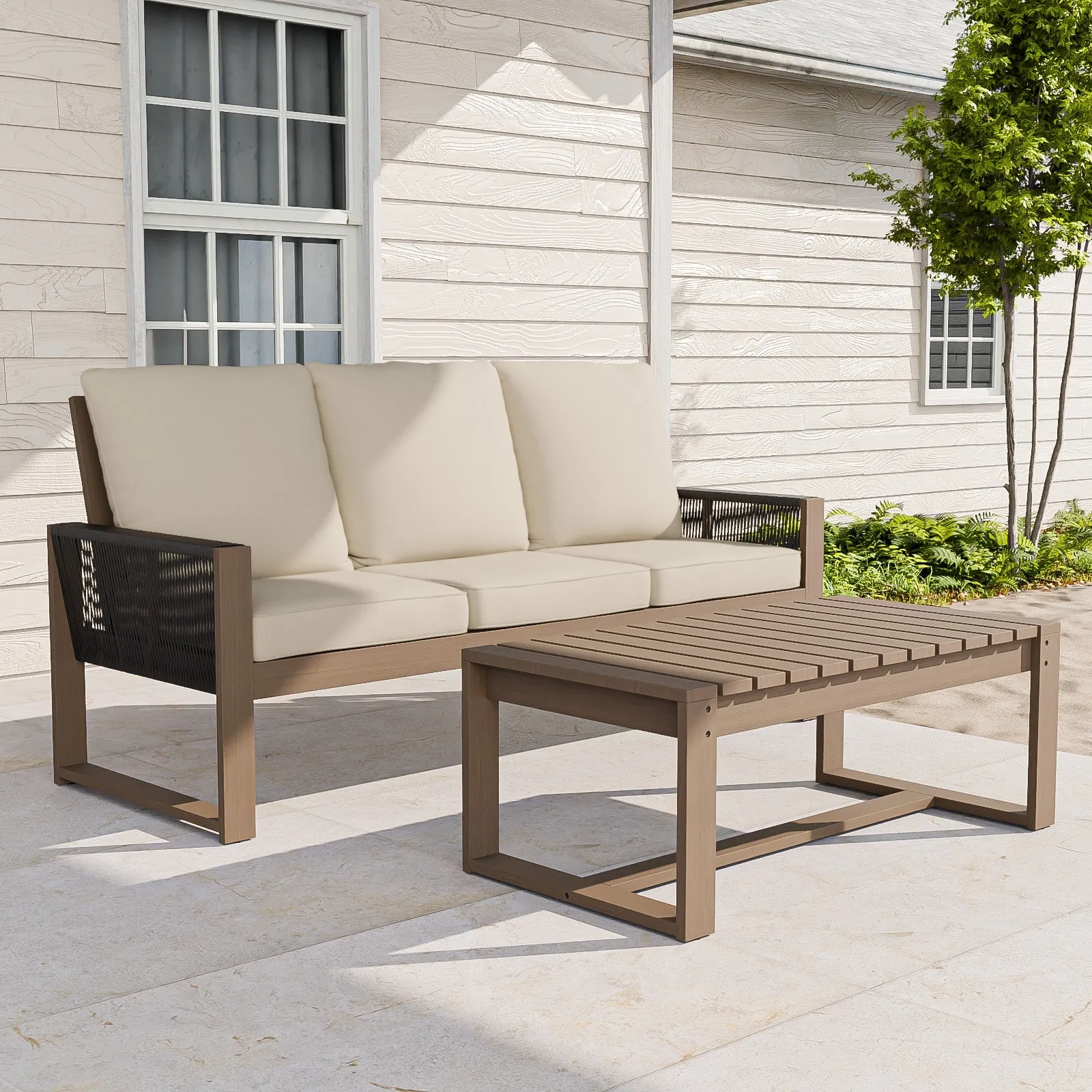 Natural Outdoor Patio Furniture Set, Sofa and Coffee Table, 2 Pieces
