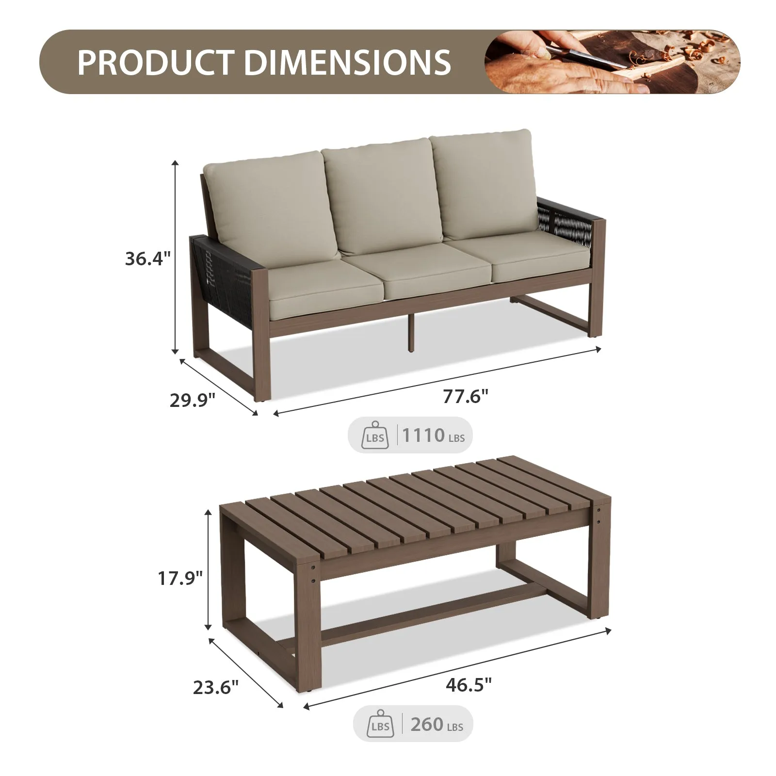 Natural Outdoor Patio Furniture Set, Sofa and Coffee Table, 2 Pieces